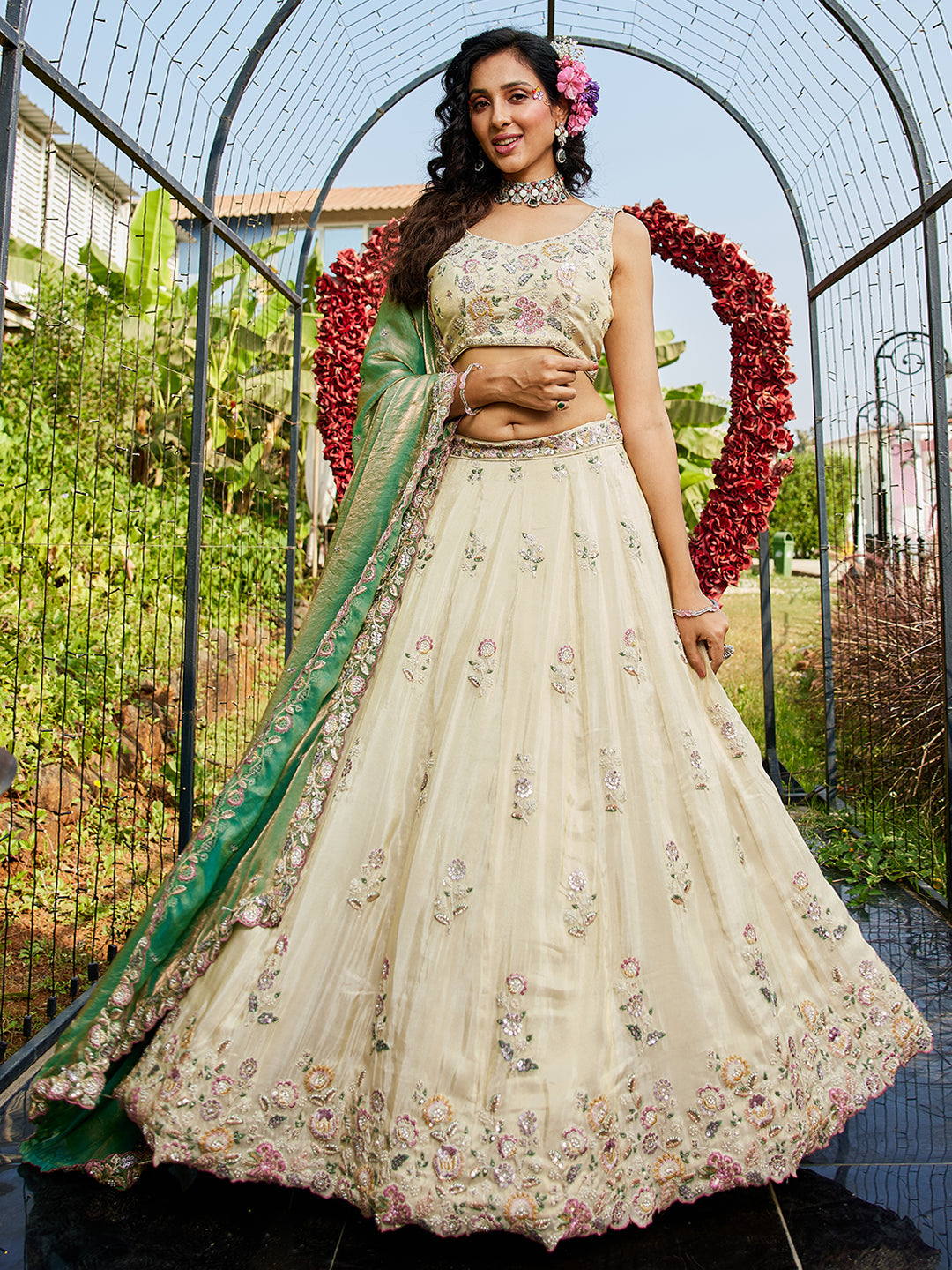 GREEN - Tissue Fabric with Sequinse & Thread embroidery Semi-Stitched Lehenga choli & Dupatta - qivii
