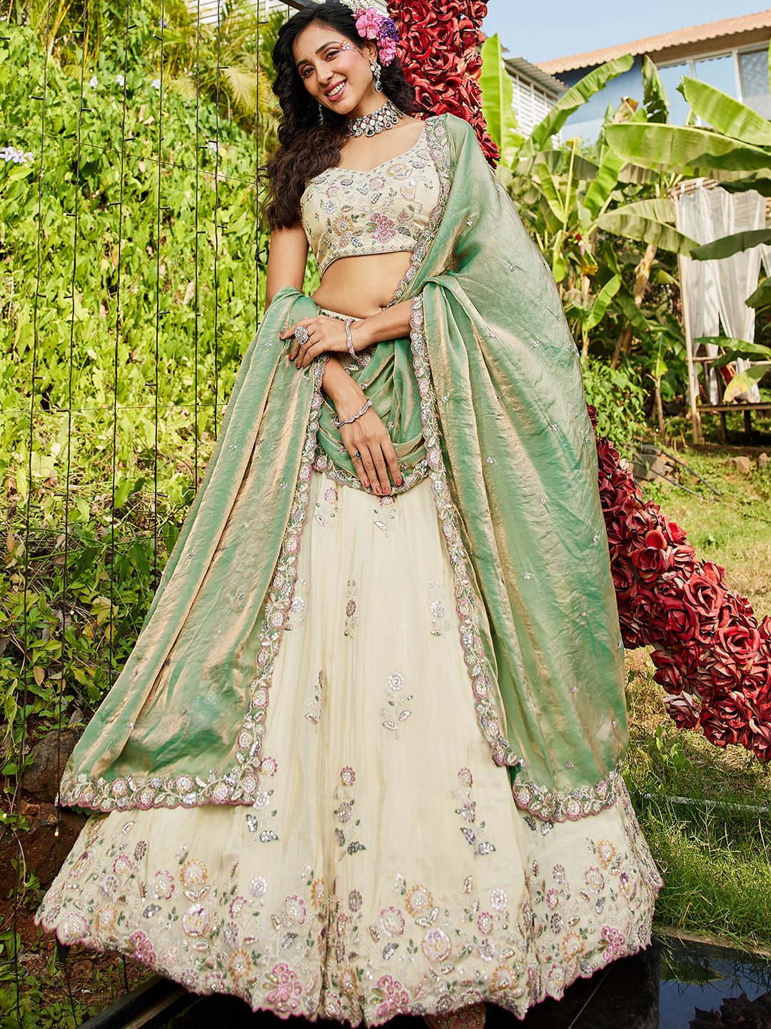 GREEN - Tissue Fabric with Sequinse & Thread embroidery Semi-Stitched Lehenga choli & Dupatta - qivii