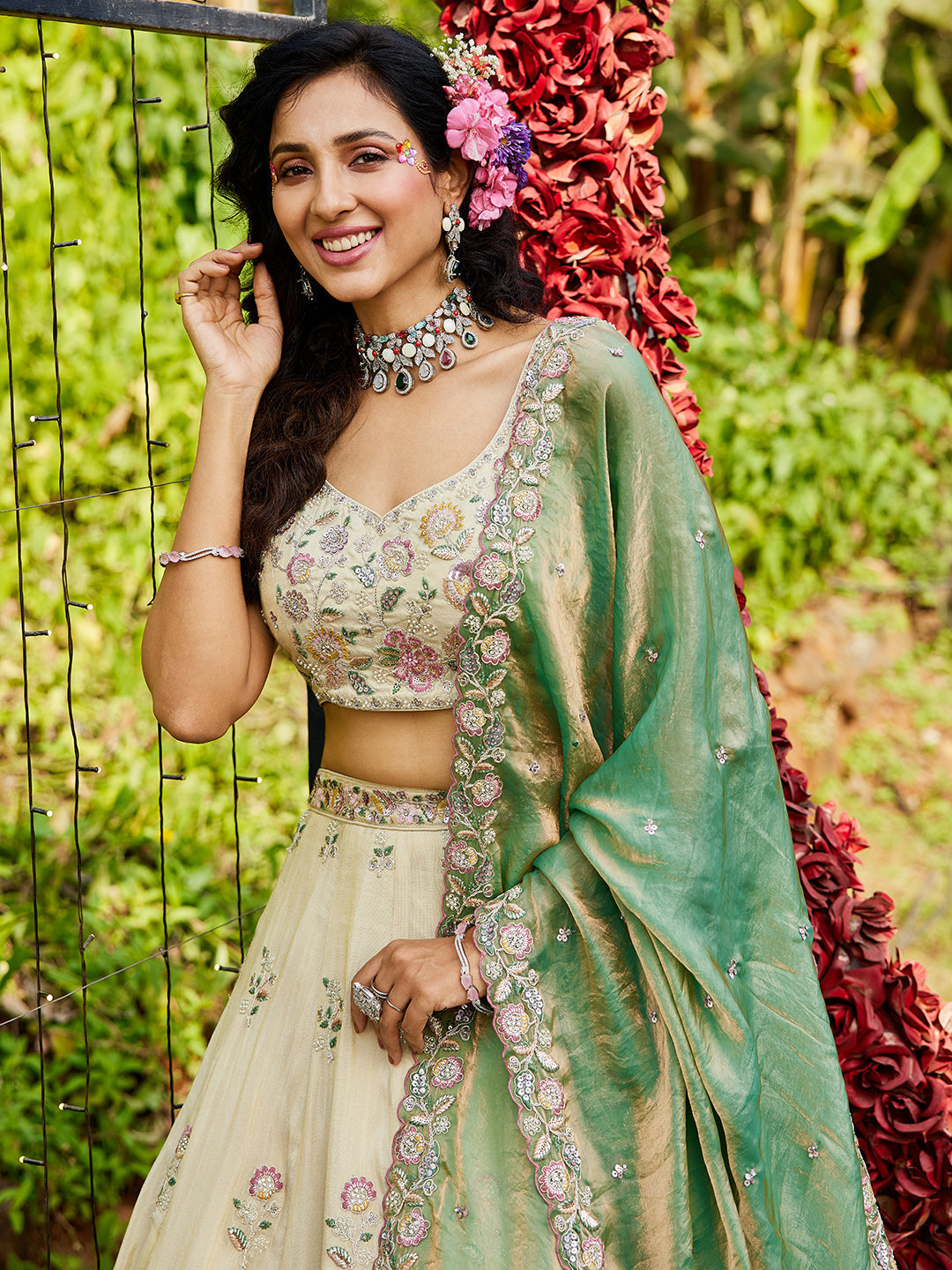 GREEN - Tissue Fabric with Sequinse & Thread embroidery Semi-Stitched Lehenga choli & Dupatta - qivii