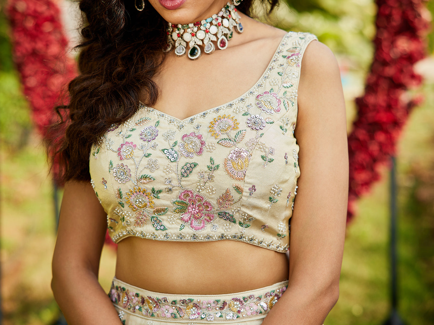 GREEN - Tissue Fabric with Sequinse & Thread embroidery Semi-Stitched Lehenga choli & Dupatta - qivii