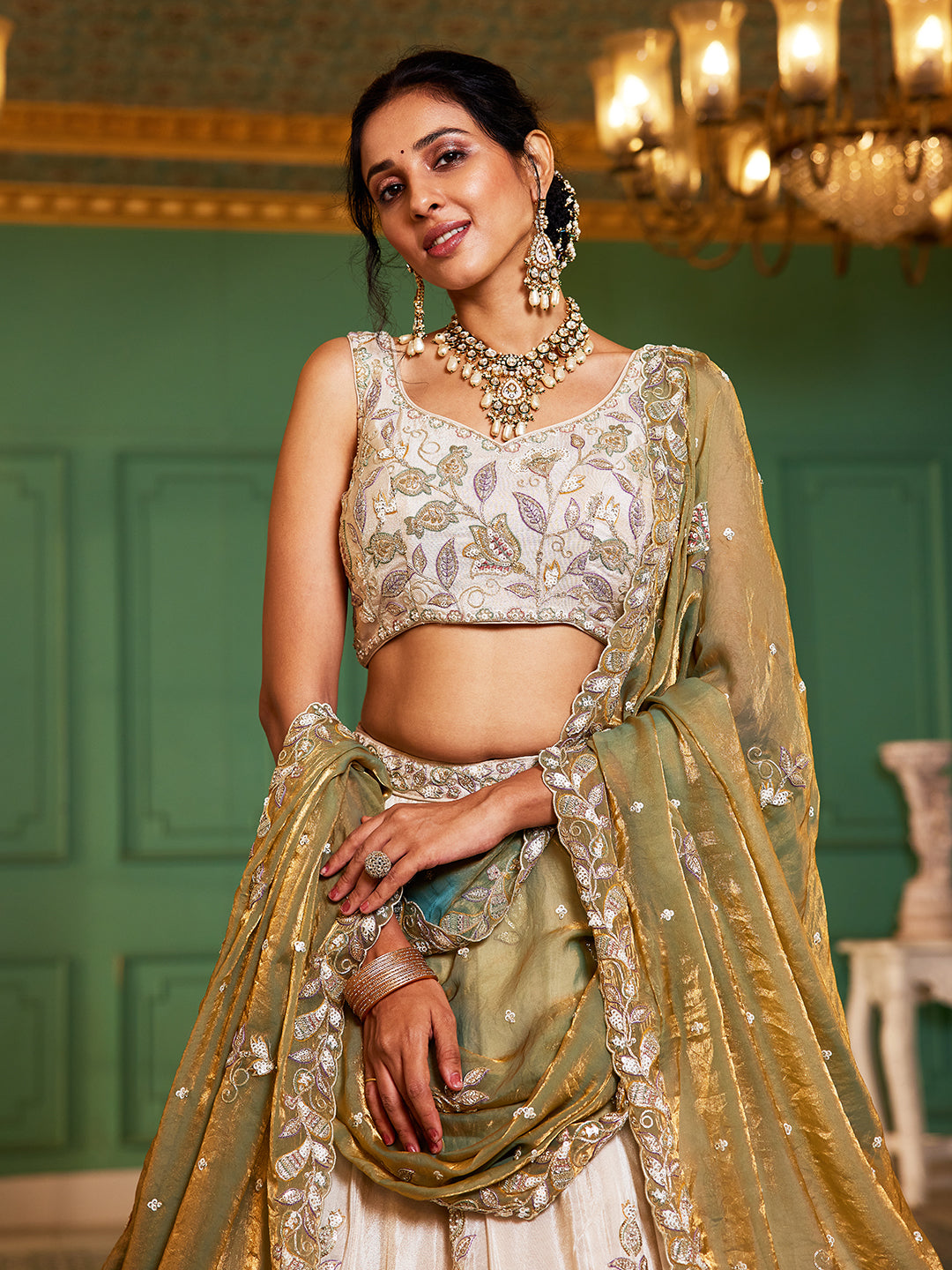 GREEN - Tissue Fabric with Sequinse & Thread embroidery Semi-Stitched Lehenga choli & Dupatta - qivii