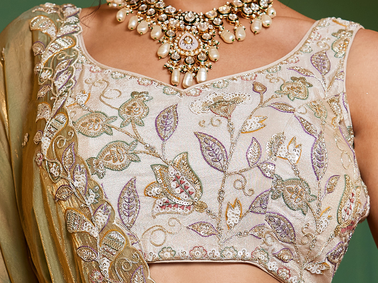 GREEN - Tissue Fabric with Sequinse & Thread embroidery Semi-Stitched Lehenga choli & Dupatta - qivii