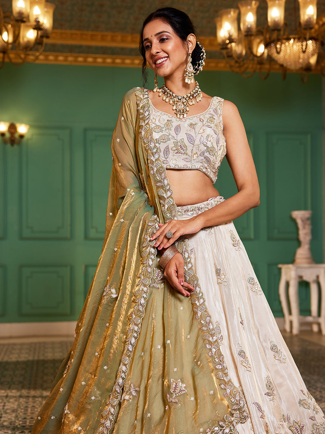 GREEN - Tissue Fabric with Sequinse & Thread embroidery Semi-Stitched Lehenga choli & Dupatta - qivii