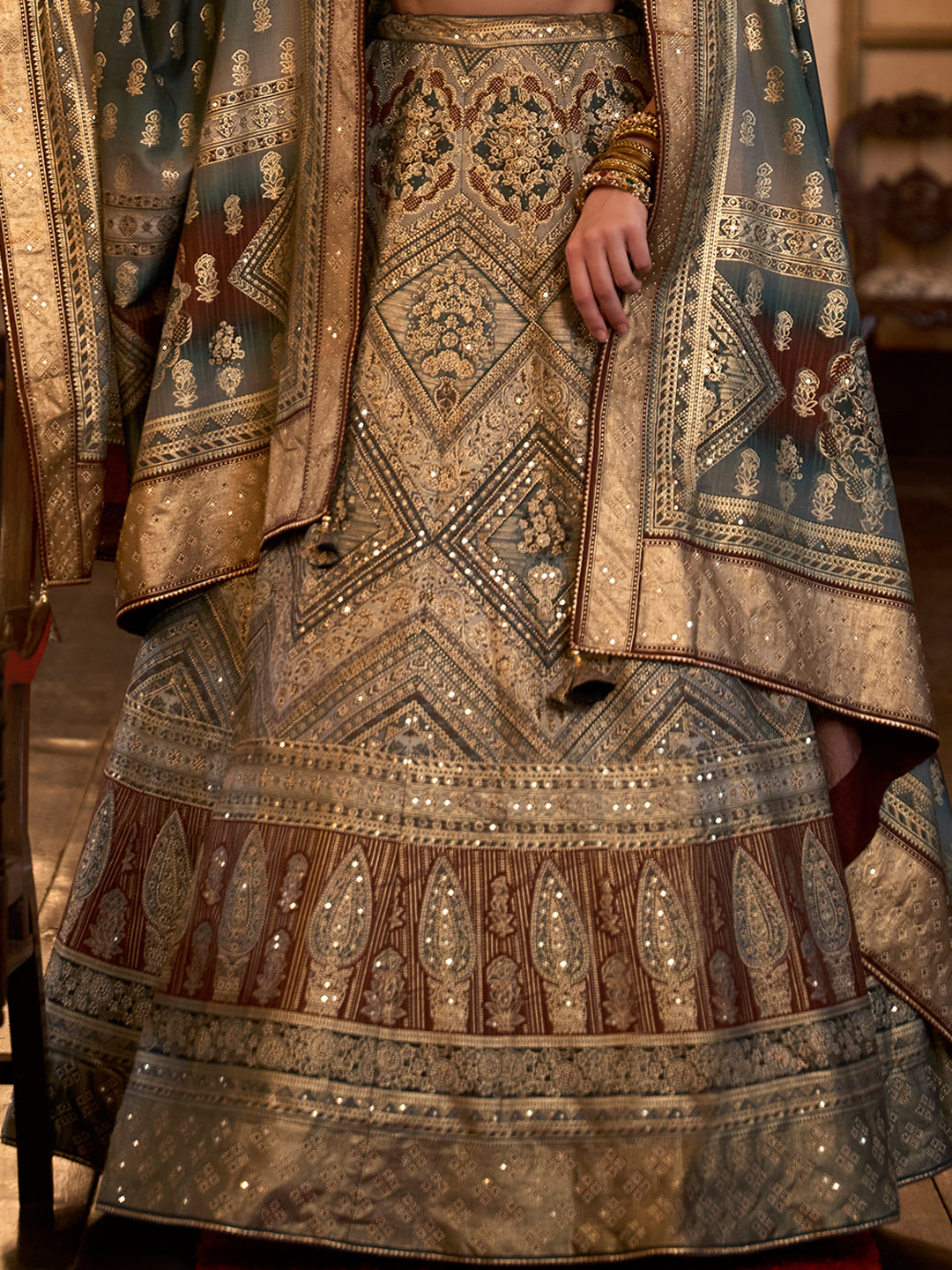 Grey-Brown Designer Silk Ready to Wear Lehenga Choli With Sparkle & Aari Mirror Work - qivii