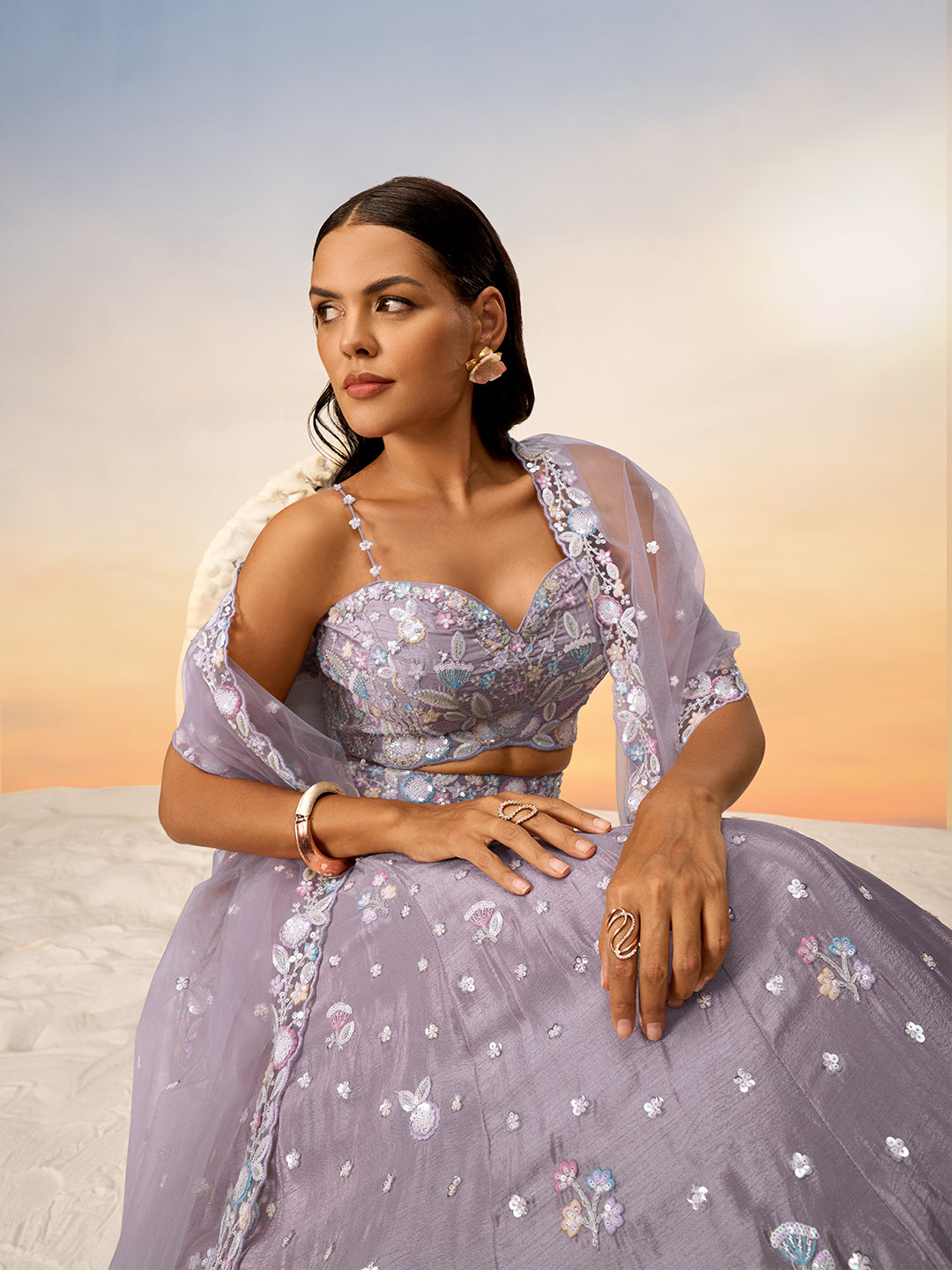 Lavender - Multi Color Chiffon Embroidered using Sequins,Thread & Coding Semi-Stitched Lehenga choli - qivii