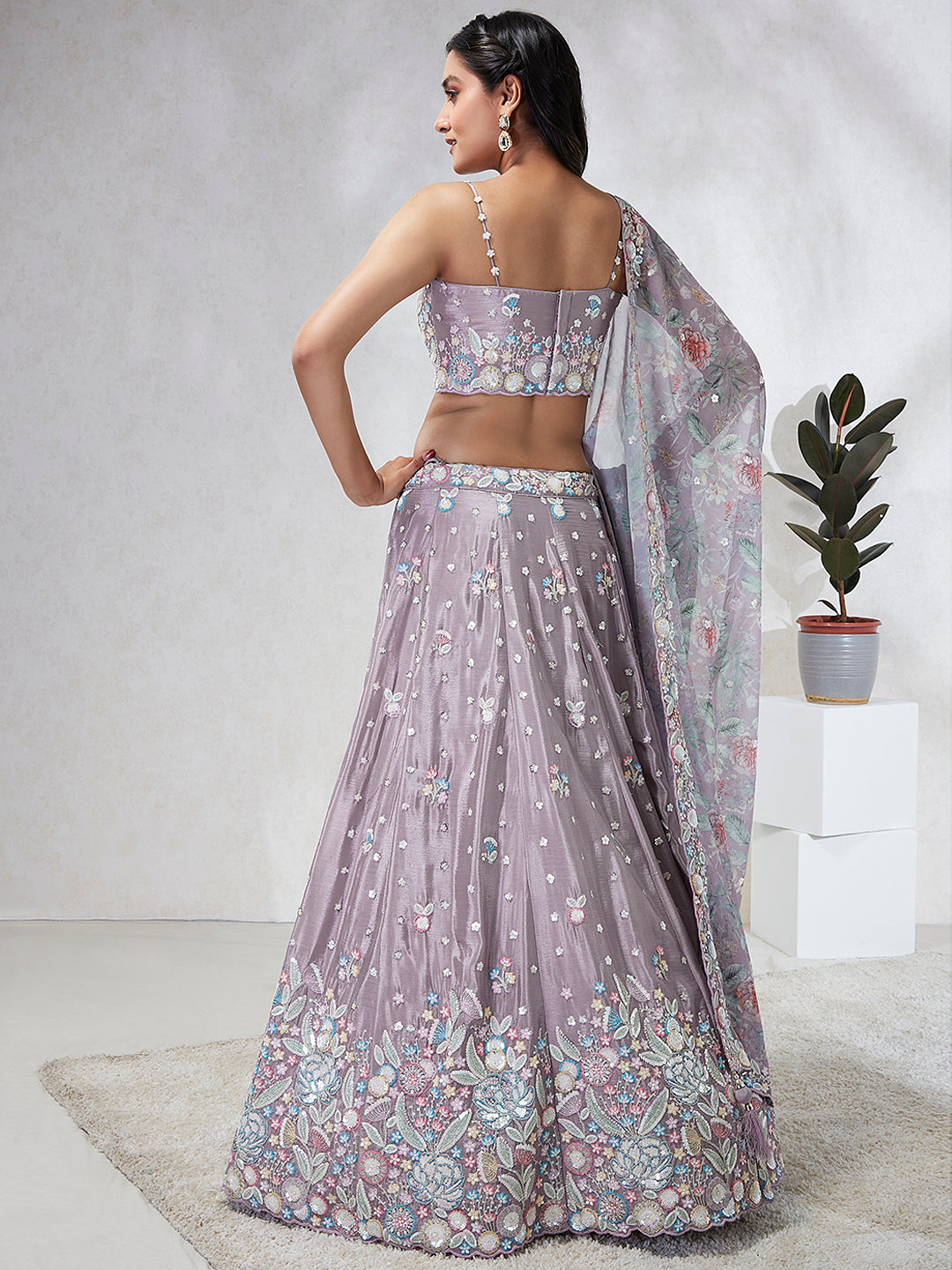 Lavender - Multi Color Chiffon Embroidered using Sequins,Thread & Coding Semi-Stitched Lehenga choli - qivii