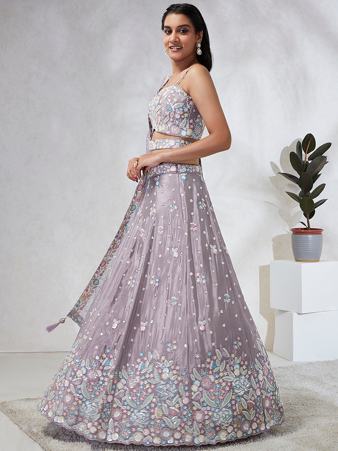 Lavender - Multi Color Chiffon Embroidered using Sequins,Thread & Coding Semi-Stitched Lehenga choli - qivii