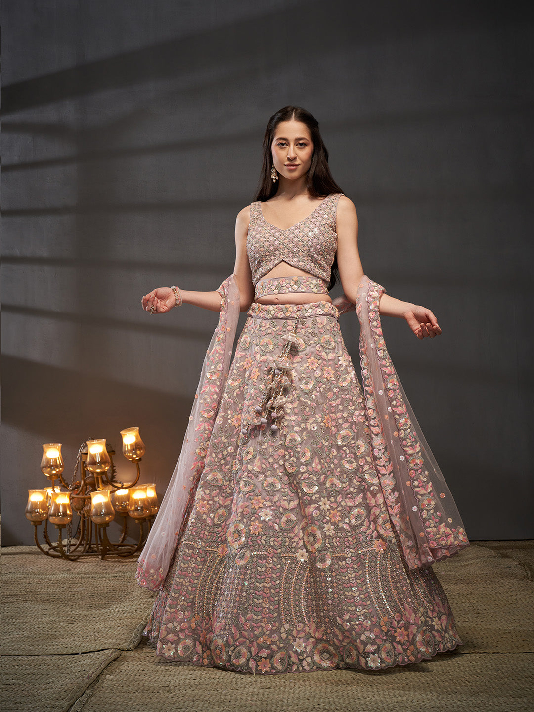 Lavender - Multi Sequins Embroidered Net Semi-Stitched Bridal Lehenga choli - qivii