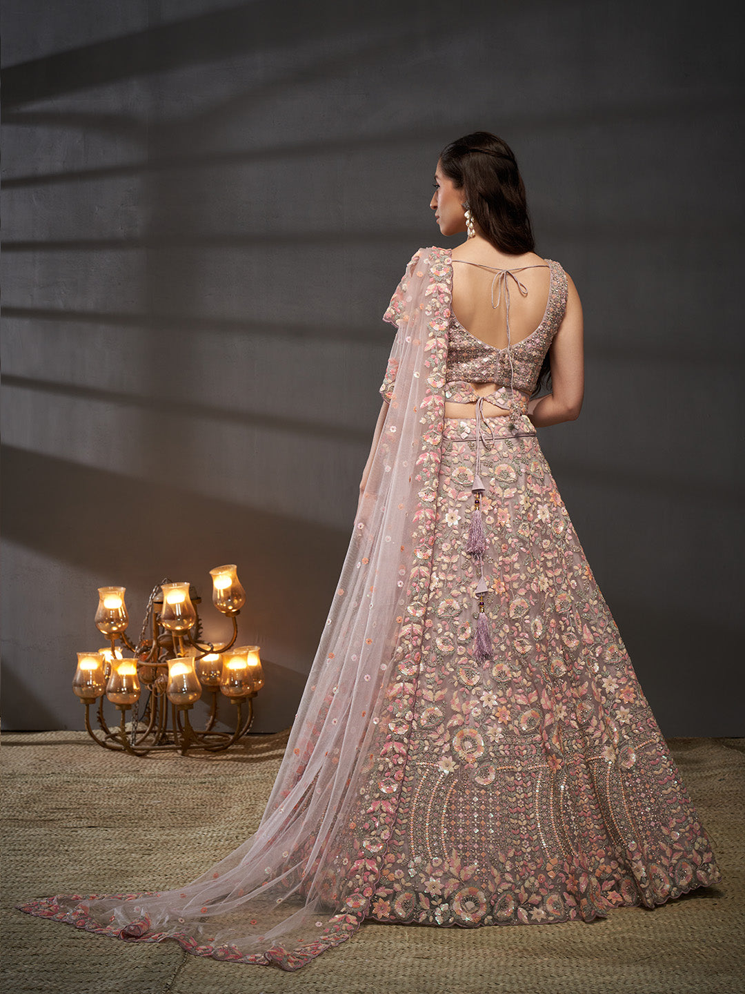 Lavender - Multi Sequins Embroidered Net Semi-Stitched Bridal Lehenga choli - qivii