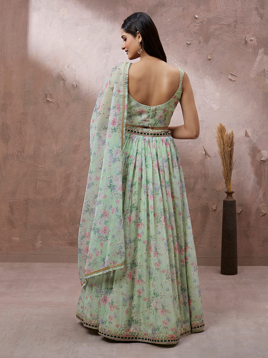 Lime Green Organza Floral Printed Semi-Stitched Lehenga choli - qivii