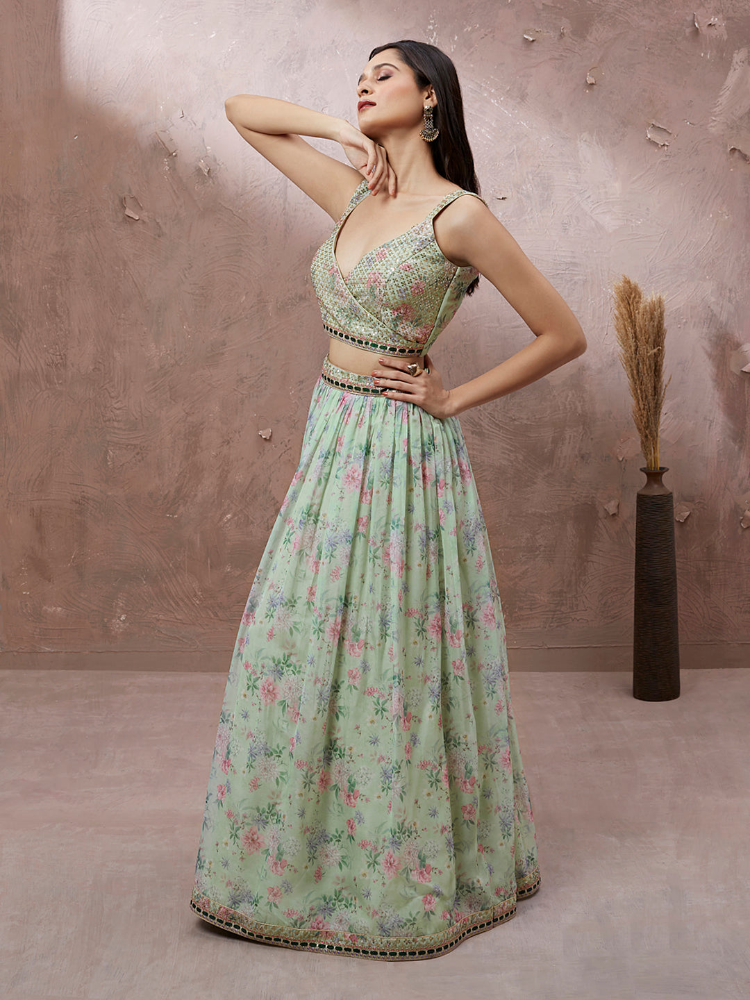 Lime Green Organza Floral Printed Semi-Stitched Lehenga choli - qivii