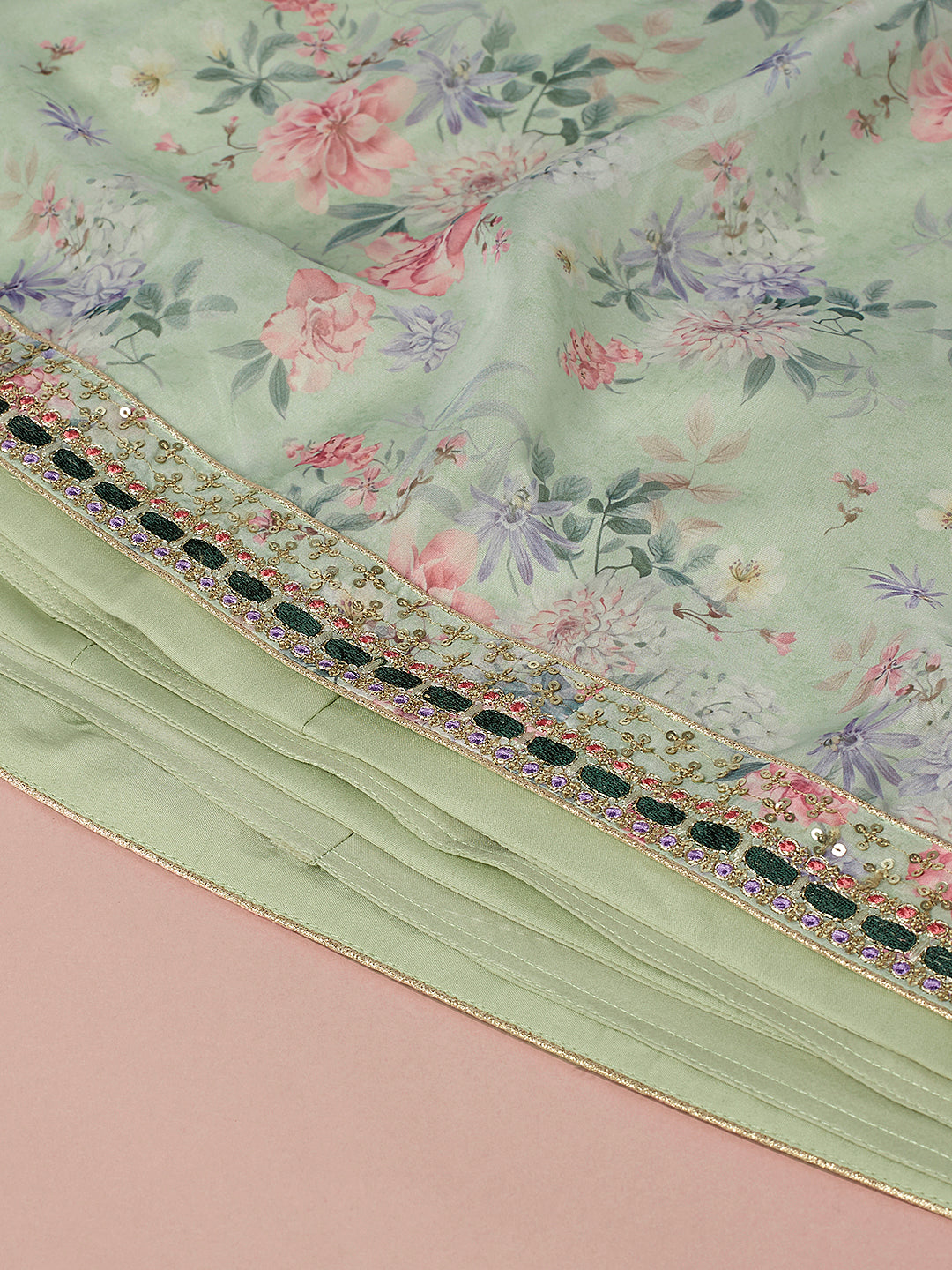 Lime Green Organza Floral Printed Semi-Stitched Lehenga choli - qivii