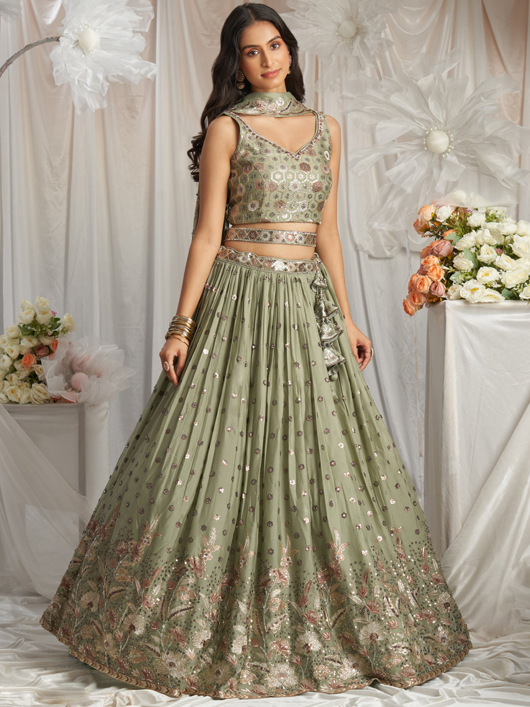 Limegreen - Golden Dull-Bright Sequin,Golden-Sliver Threaded Embroidered Georgette Semi-Stitched Lehenga choli - qivii