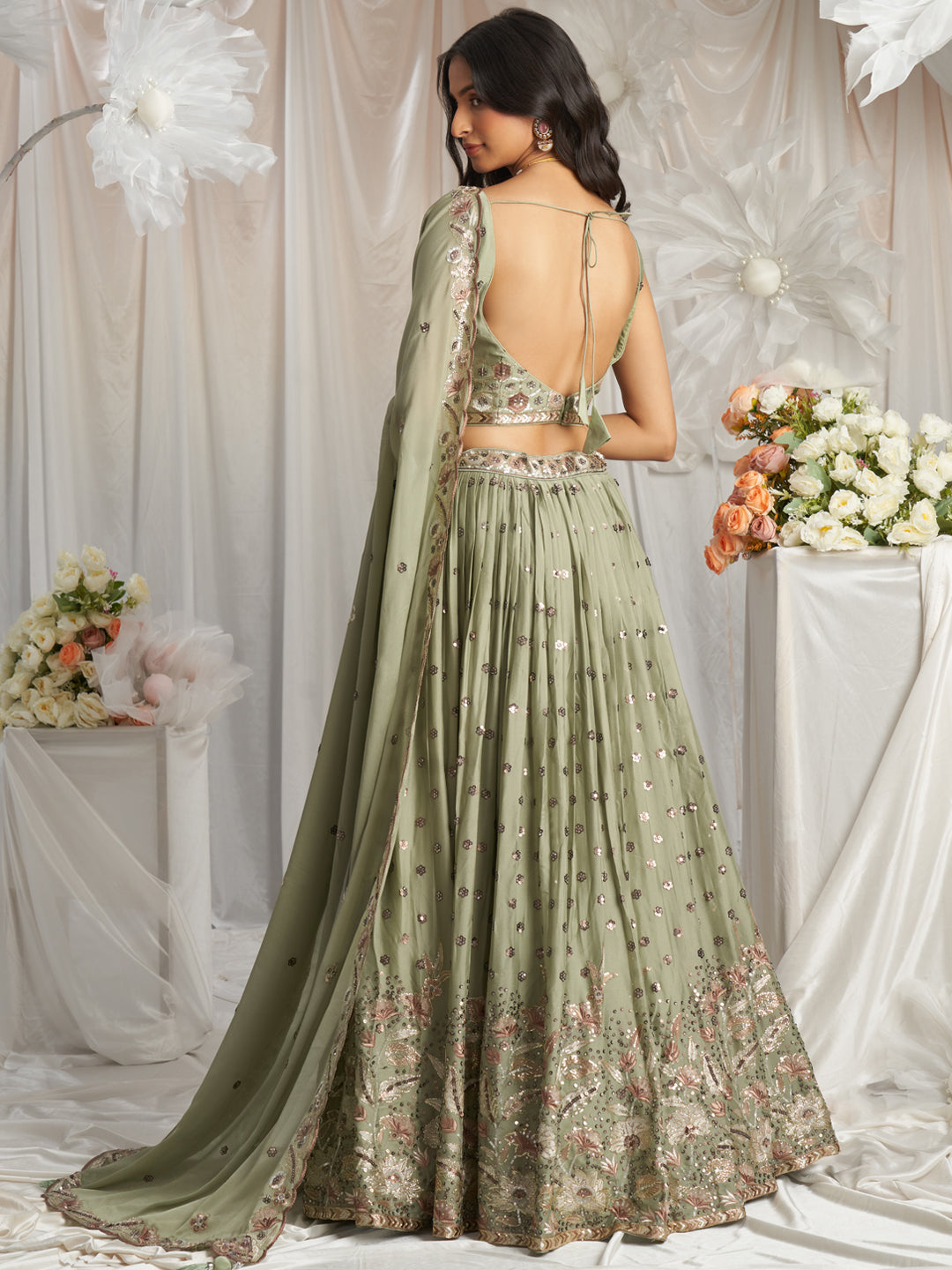 Limegreen - Golden Dull-Bright Sequin,Golden-Sliver Threaded Embroidered Georgette Semi-Stitched Lehenga choli - qivii