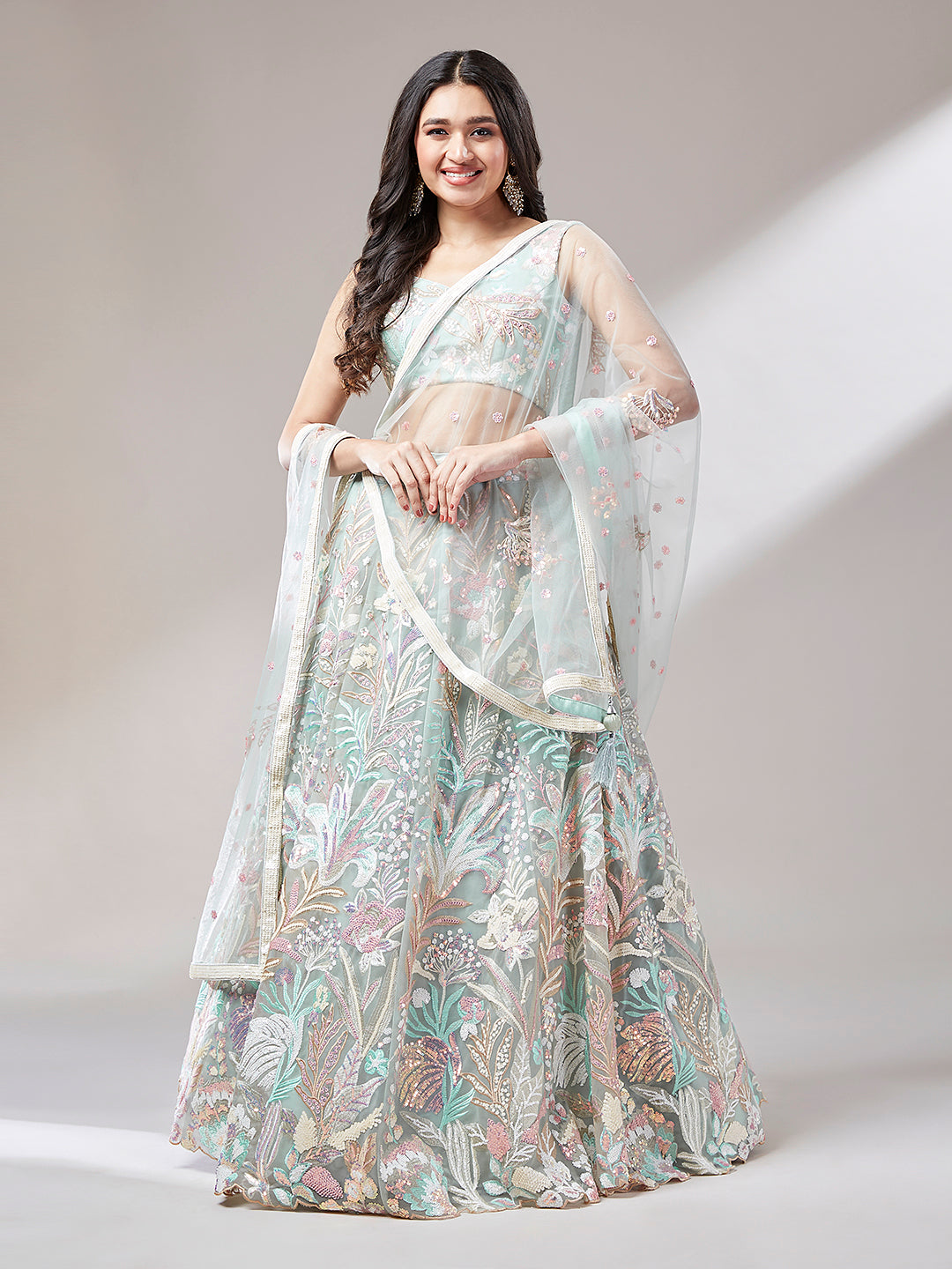 Limegreen - Net Multi-Sequins Work Semi-Stitched Lehenga - qivii