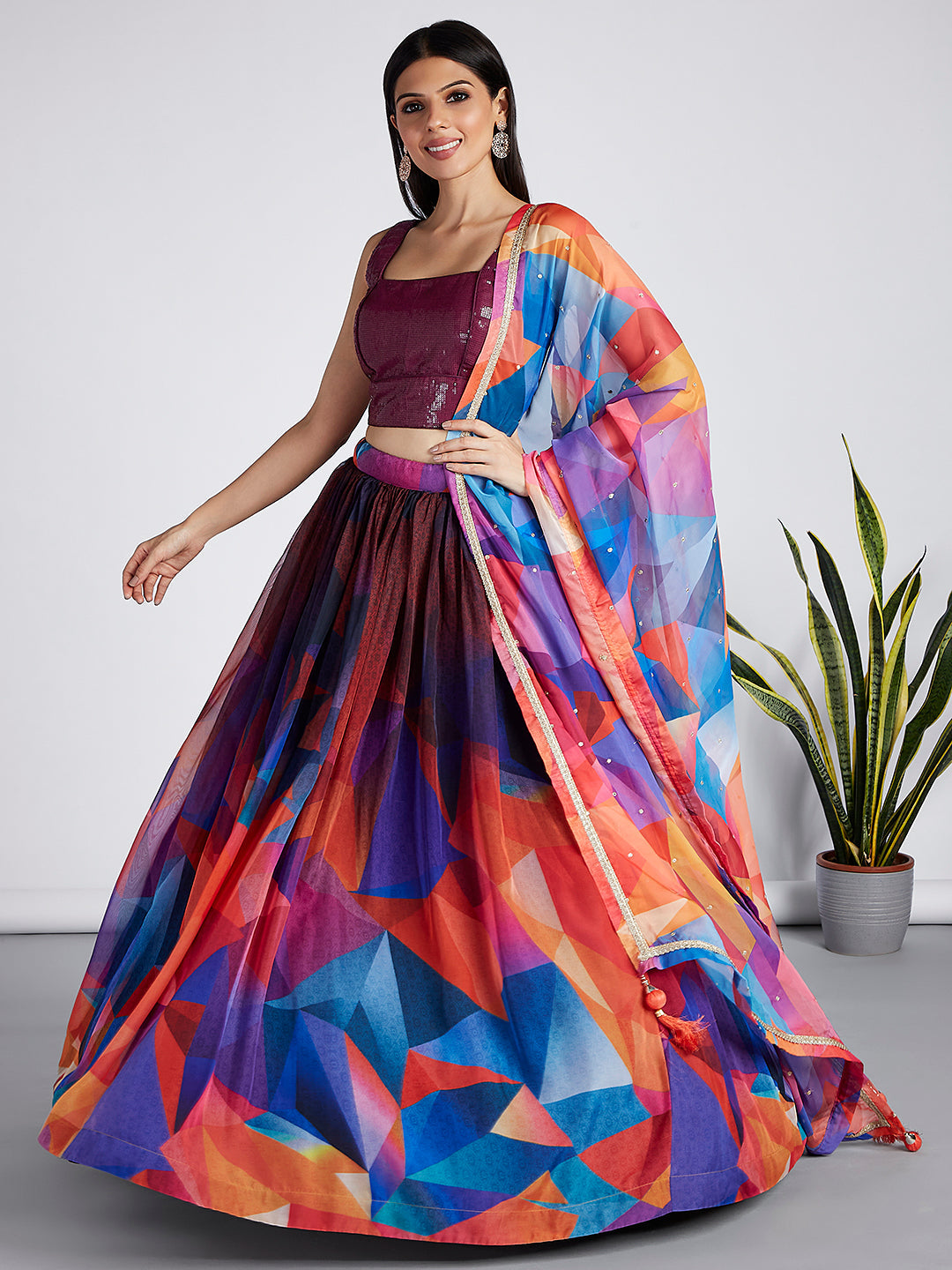 Multi colour Organza Abstrack design digital print Semi-Stitched Lehenga choli - qivii