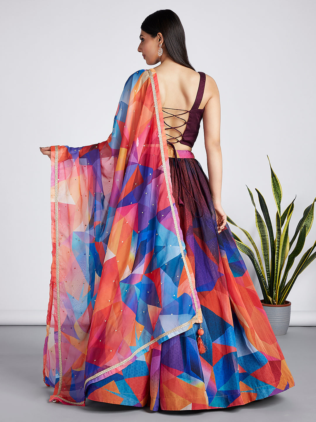 Multi colour Organza Abstrack design digital print Semi-Stitched Lehenga choli - qivii