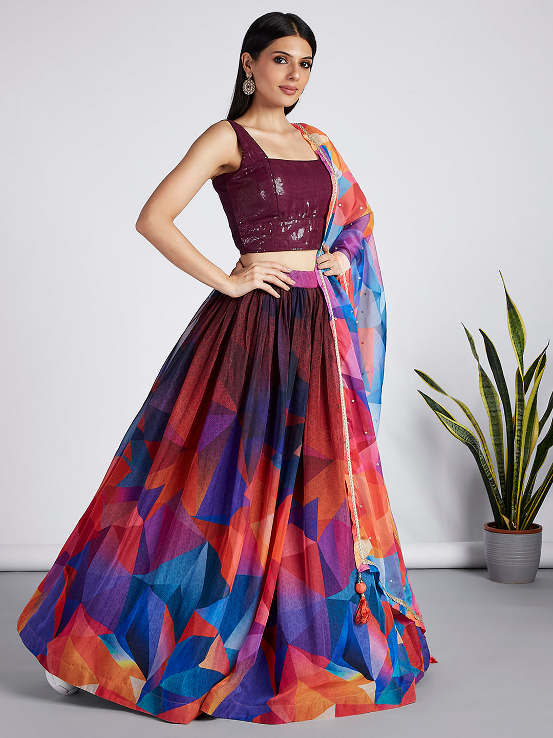 Multi colour Organza Abstrack design digital print Semi-Stitched Lehenga choli - qivii
