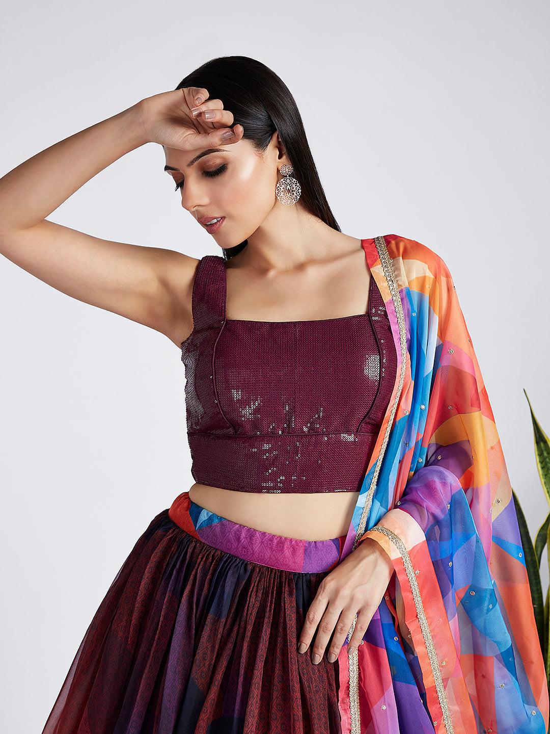 Multi colour Organza Abstrack design digital print Semi-Stitched Lehenga choli - qivii