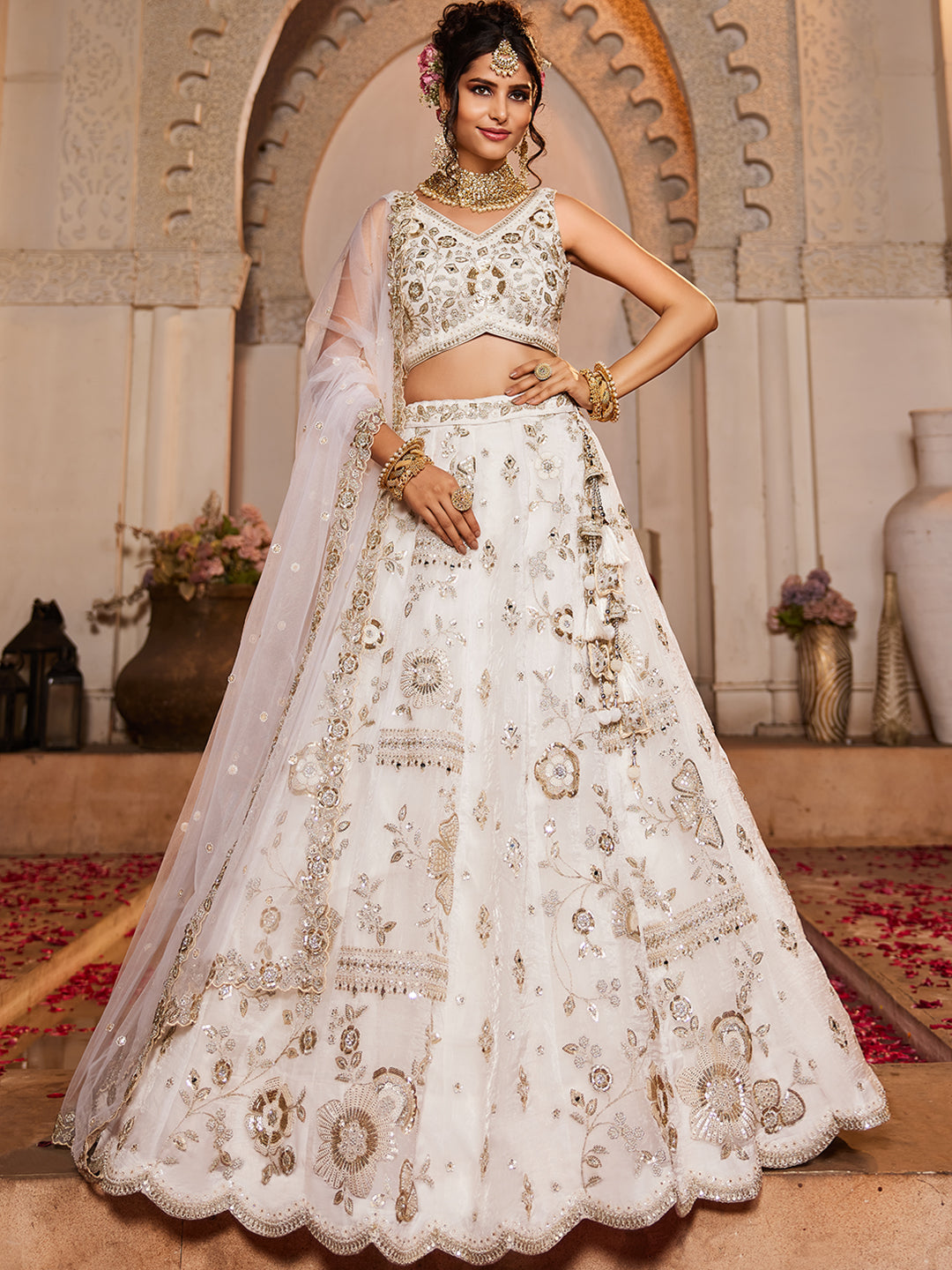 OFFWHITE - Tissue Fabric Sequins embroidery Semi-Stitched Lehenga choli & Dupatta - qivii