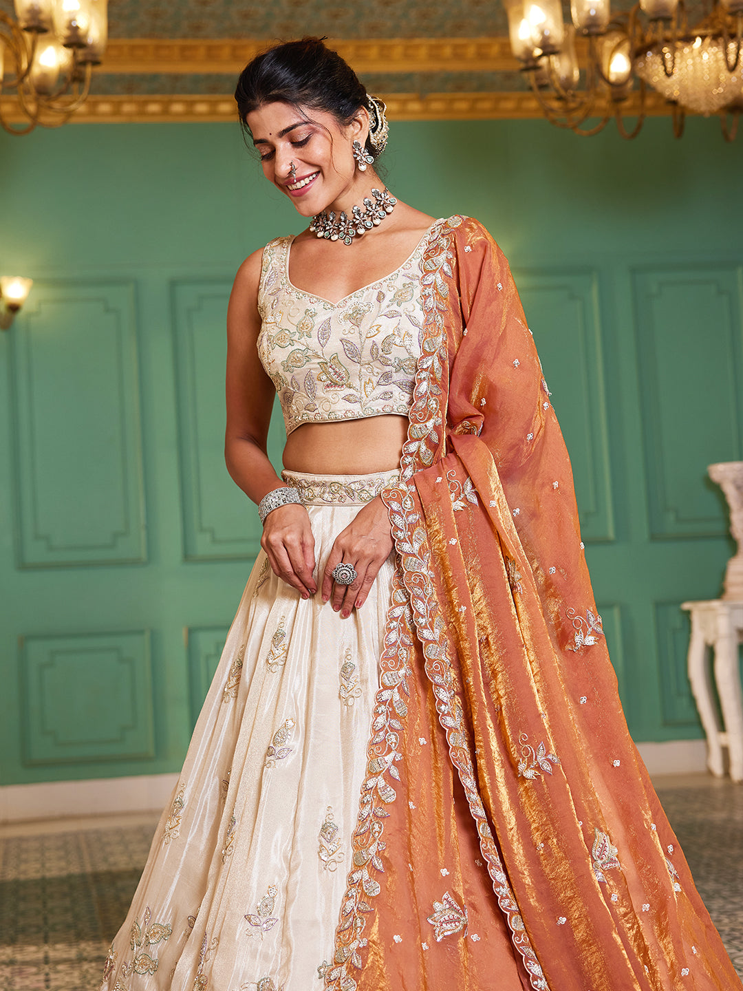 ORANGE - Tissue Fabric with Sequinse & Thread embroidery Semi-Stitched Lehenga choli & Dupatta - qivii