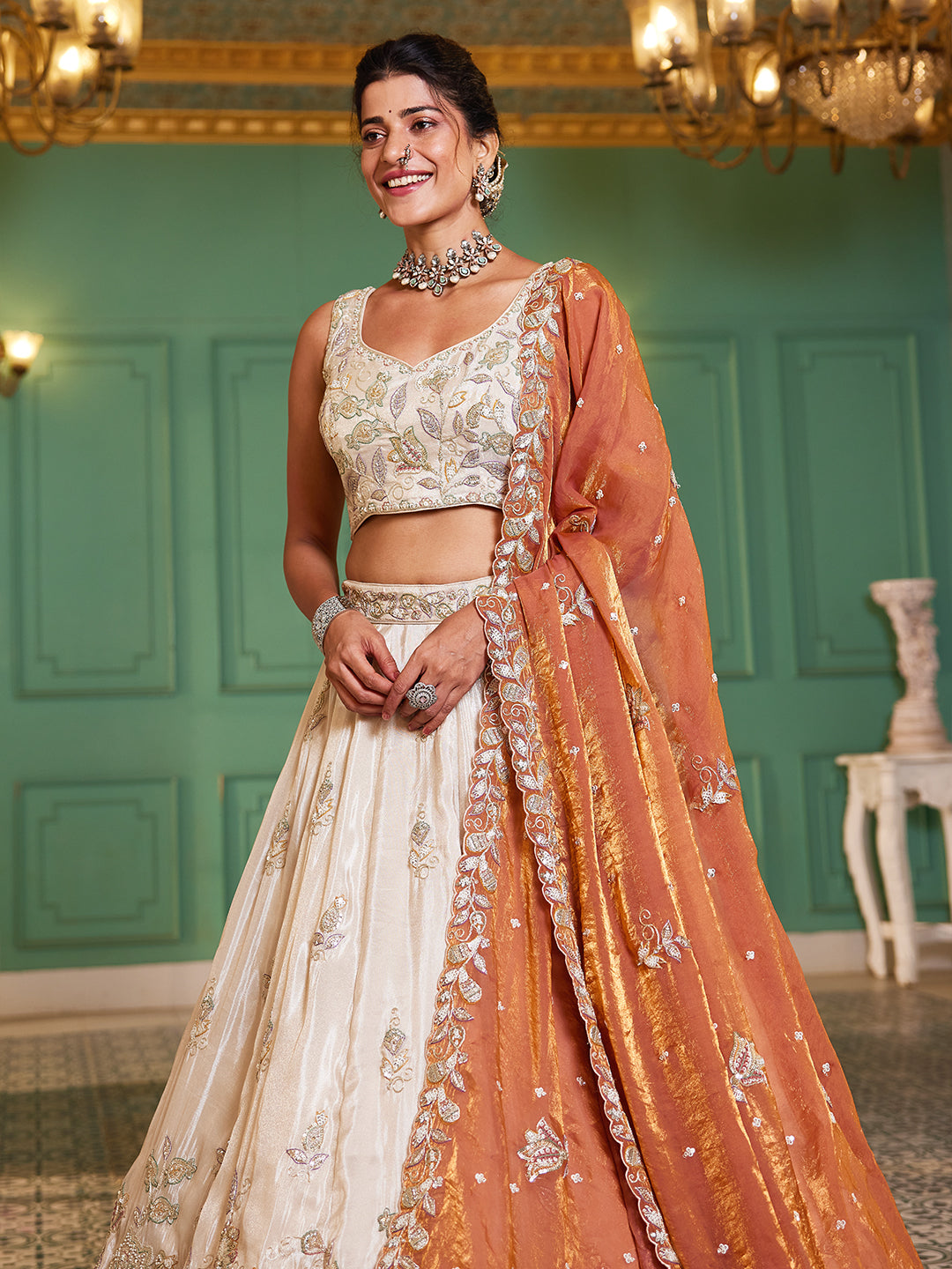 ORANGE - Tissue Fabric with Sequinse & Thread embroidery Semi-Stitched Lehenga choli & Dupatta - qivii