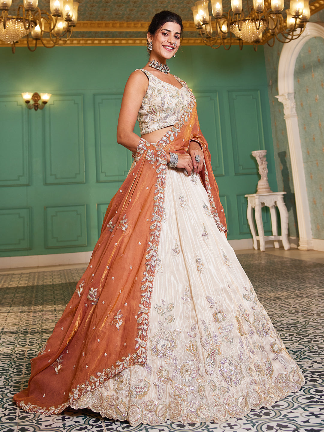 ORANGE - Tissue Fabric with Sequinse & Thread embroidery Semi-Stitched Lehenga choli & Dupatta - qivii