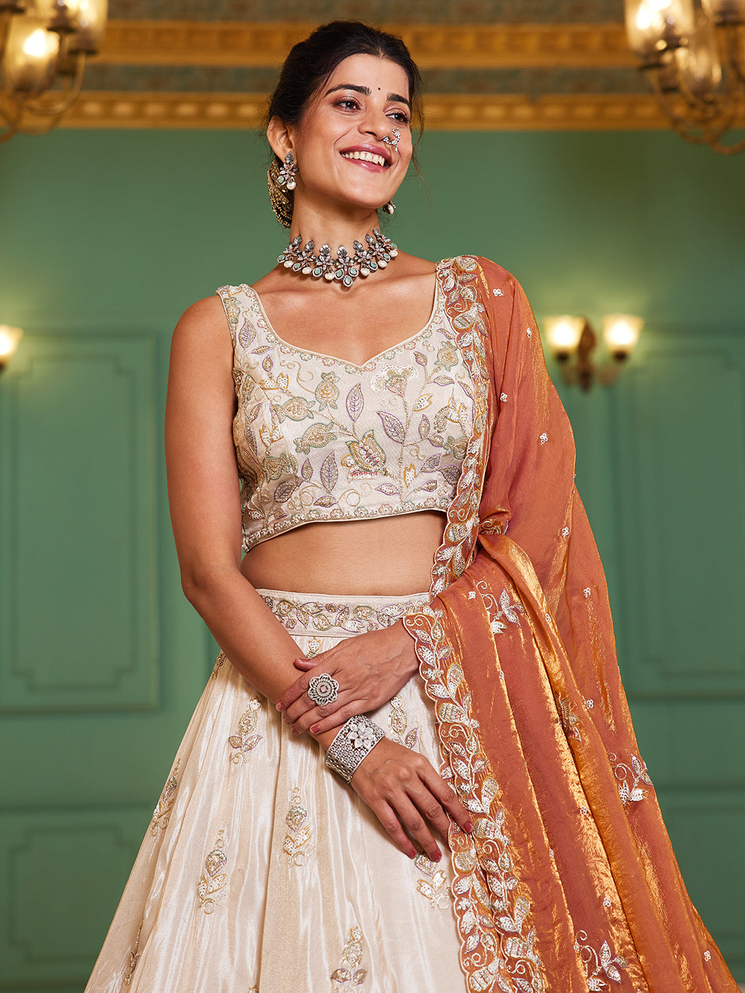 ORANGE - Tissue Fabric with Sequinse & Thread embroidery Semi-Stitched Lehenga choli & Dupatta - qivii