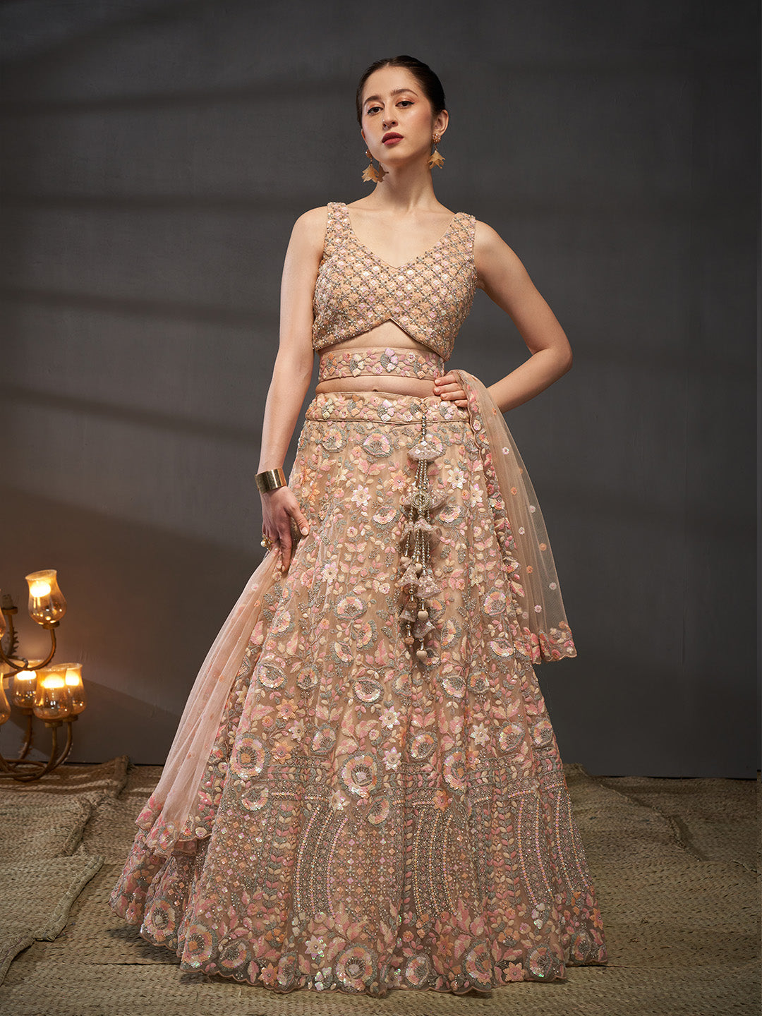 Peach - Multi Sequins Embroidered Net Semi-Stitched Bridal Lehenga choli - qivii