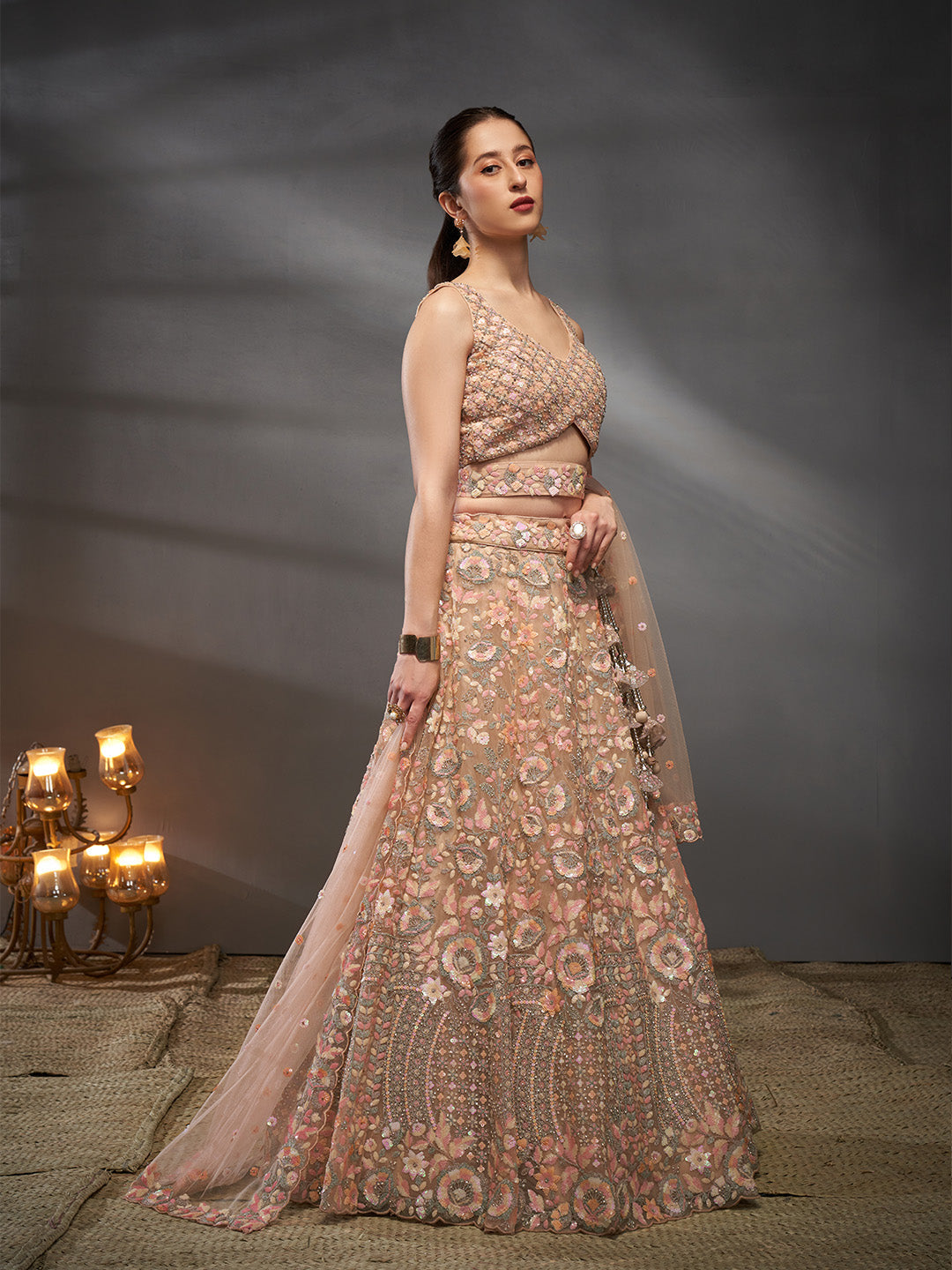 Peach - Multi Sequins Embroidered Net Semi-Stitched Bridal Lehenga choli - qivii