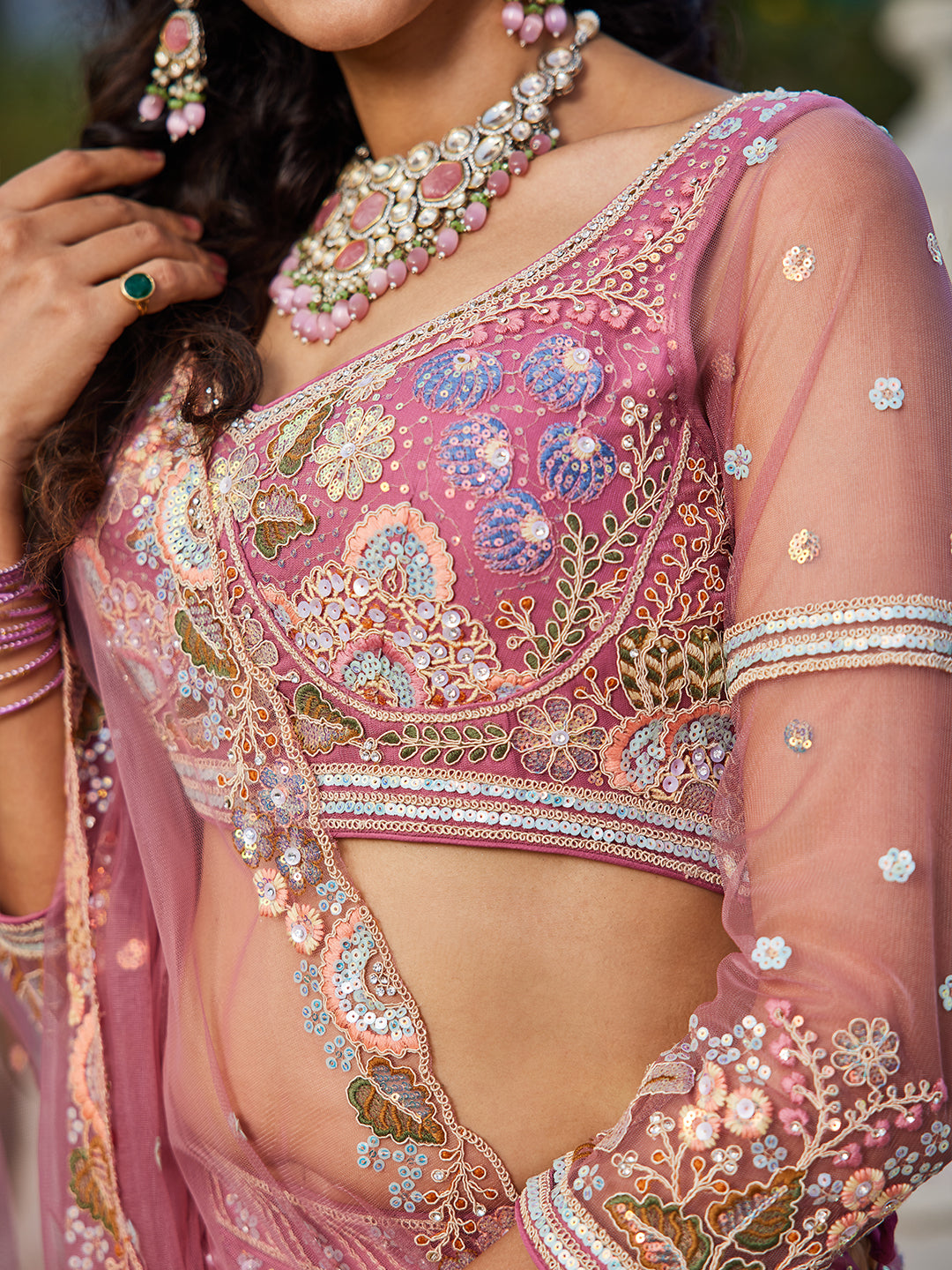 Pink - Multi-Color Sequins Work Heavy Floral Embroidered Using Zarkan & Mirror Net Semi-Stitched Lehenga Choli - qivii