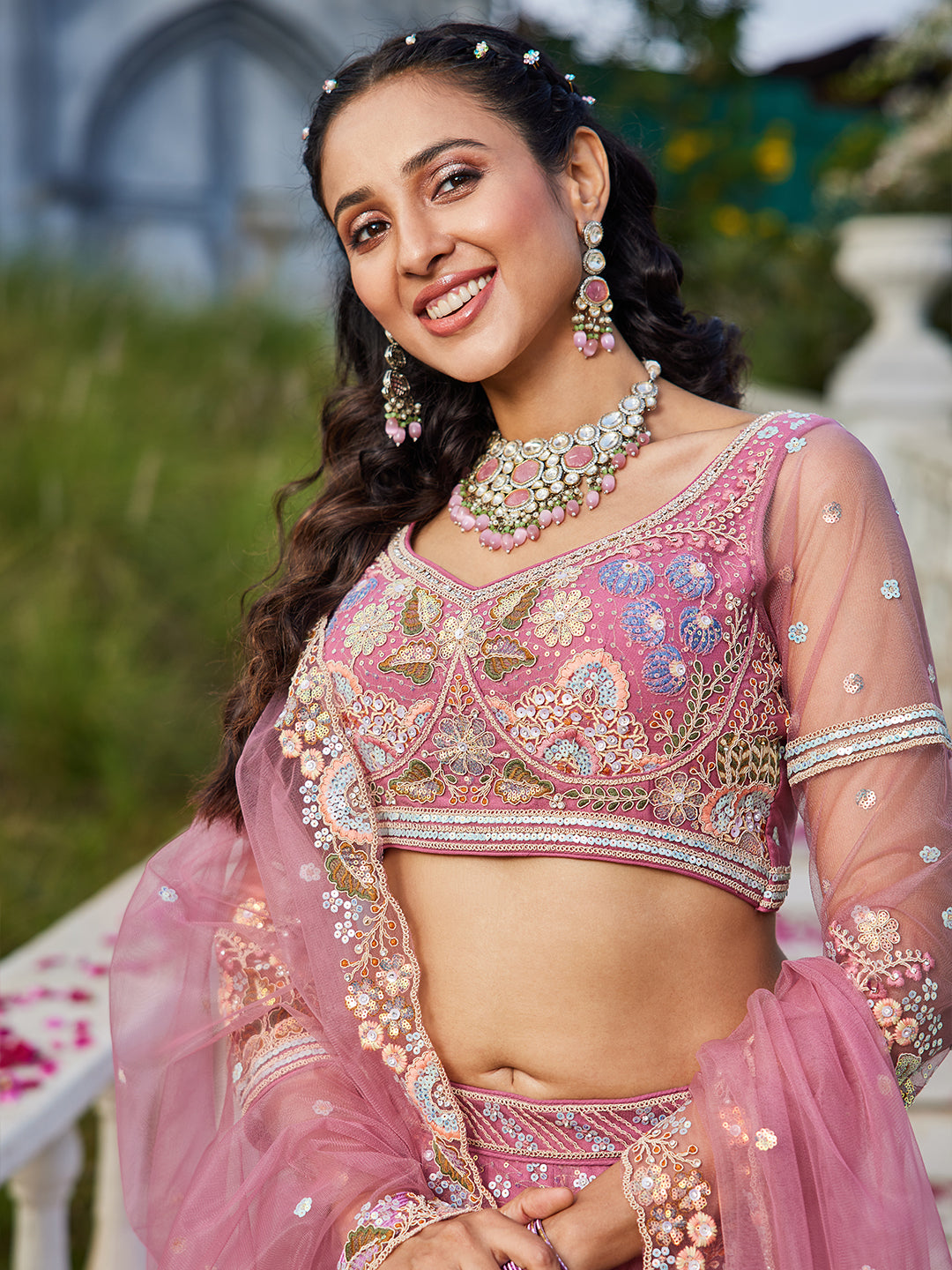 Pink - Multi-Color Sequins Work Heavy Floral Embroidered Using Zarkan & Mirror Net Semi-Stitched Lehenga Choli - qivii