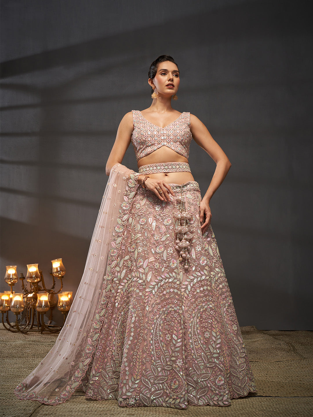 Pink - Multi Sequins Heavy Zarkan Net Embroidered Semi-Stitched Bridal Lehenga choli - qivii