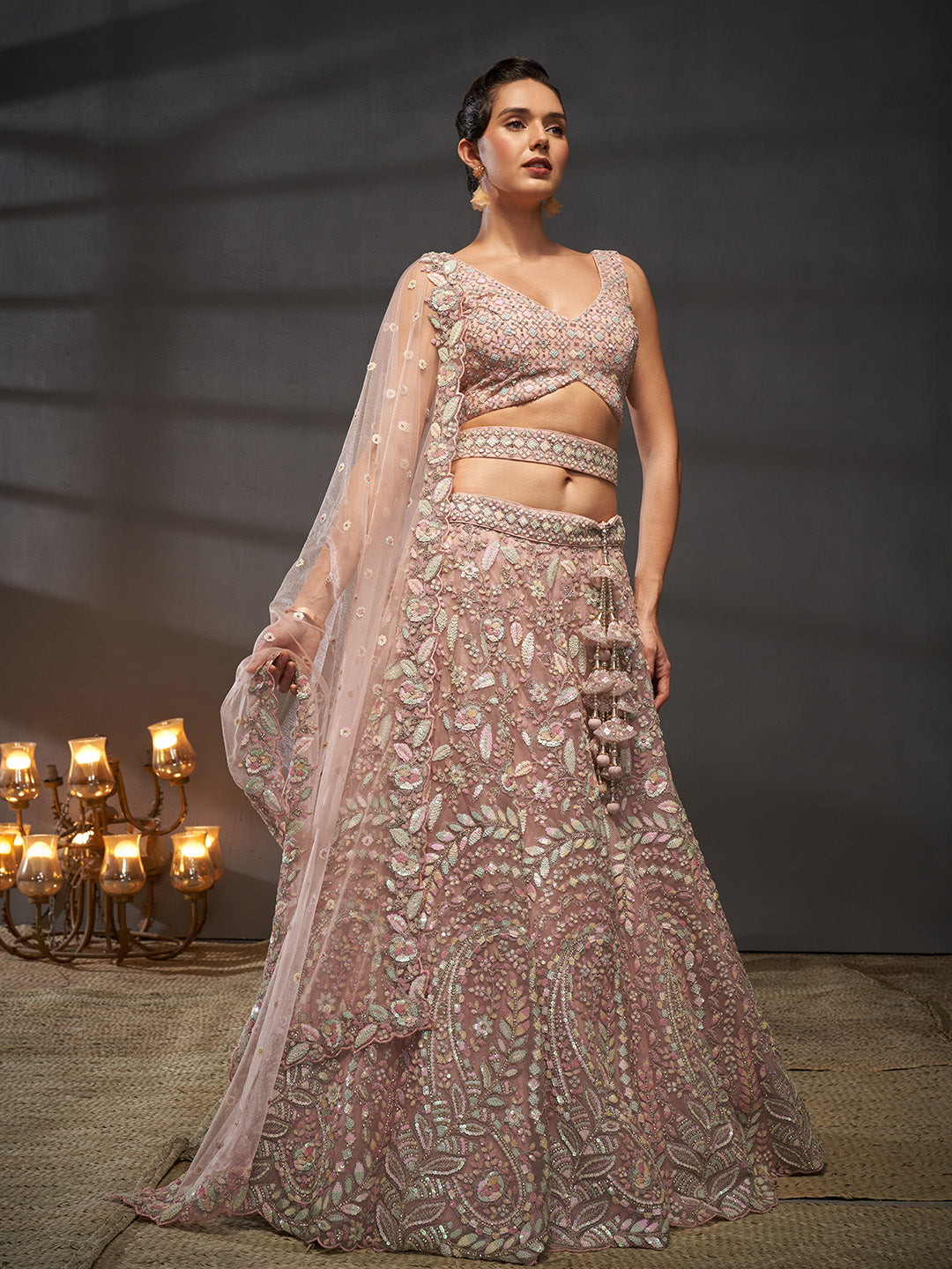 Pink - Multi Sequins Heavy Zarkan Net Embroidered Semi-Stitched Bridal Lehenga choli - qivii