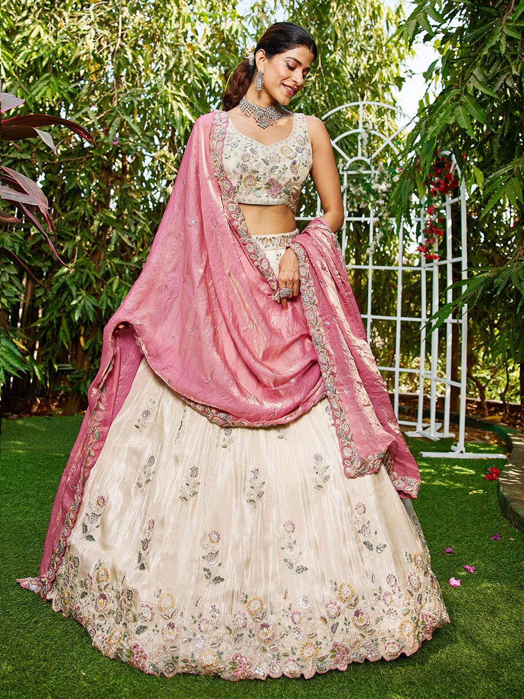 PINK - Tissue Fabric with Sequinse & Thread embroidery Semi-Stitched Lehenga choli & Dupatta - qivii