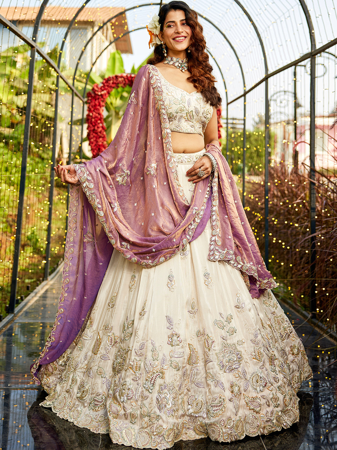 PURPLE - Tissue Fabric with Sequinse & Thread embroidery Semi-Stitched Lehenga choli & Dupatta - qivii