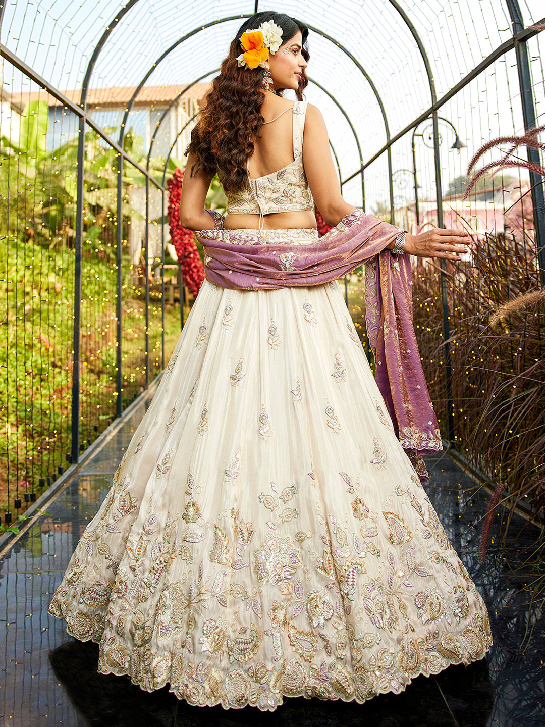PURPLE - Tissue Fabric with Sequinse & Thread embroidery Semi-Stitched Lehenga choli & Dupatta - qivii