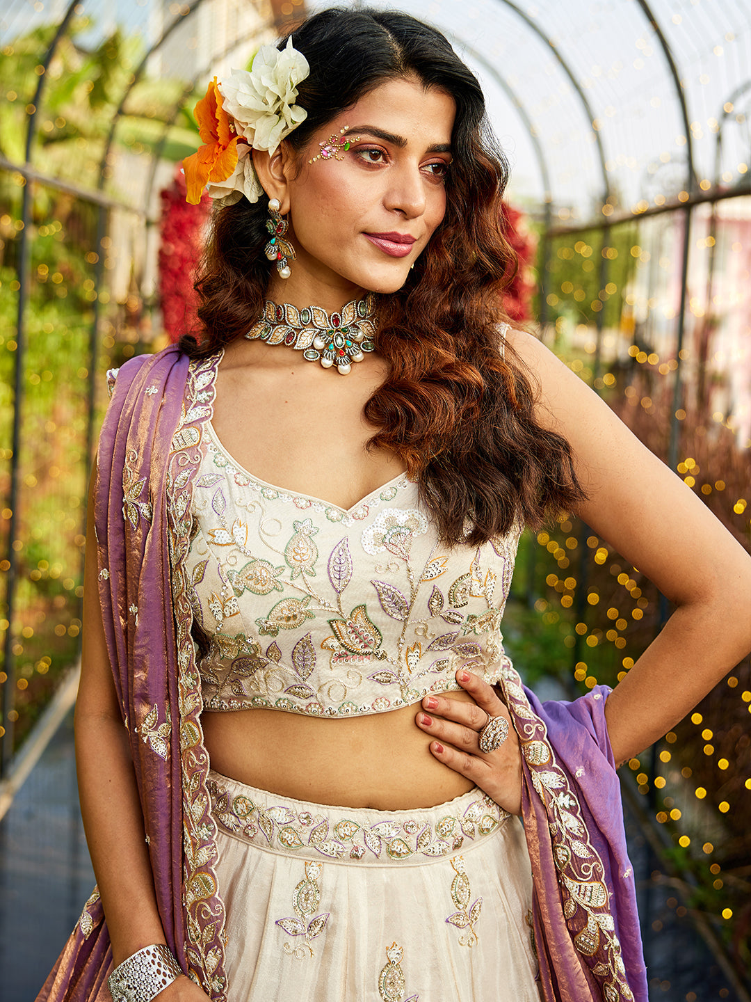 PURPLE - Tissue Fabric with Sequinse & Thread embroidery Semi-Stitched Lehenga choli & Dupatta - qivii