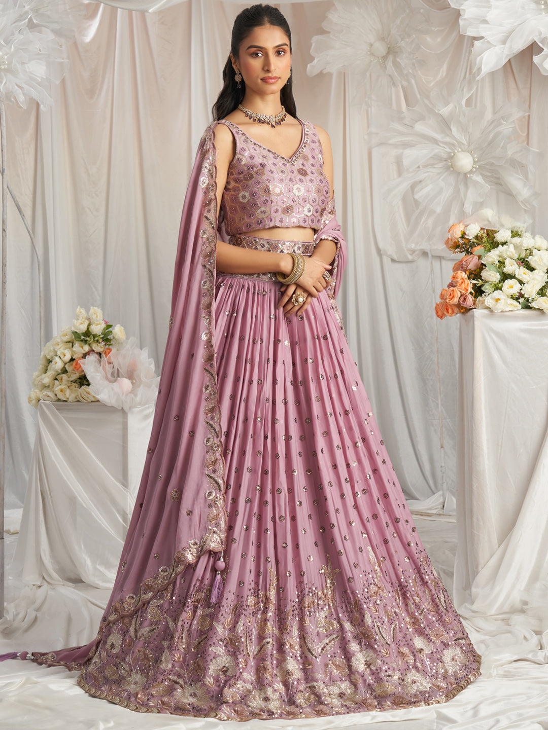 Rosegold - Golden Dull-Bright Sequin,Golden-Sliver Threaded Embroidered Georgette Semi-Stitched Lehenga choli - qivii