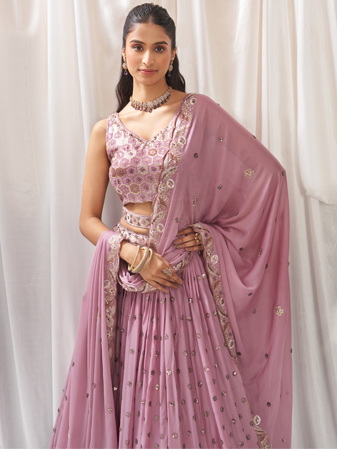 Rosegold - Golden Dull-Bright Sequin,Golden-Sliver Threaded Embroidered Georgette Semi-Stitched Lehenga choli - qivii