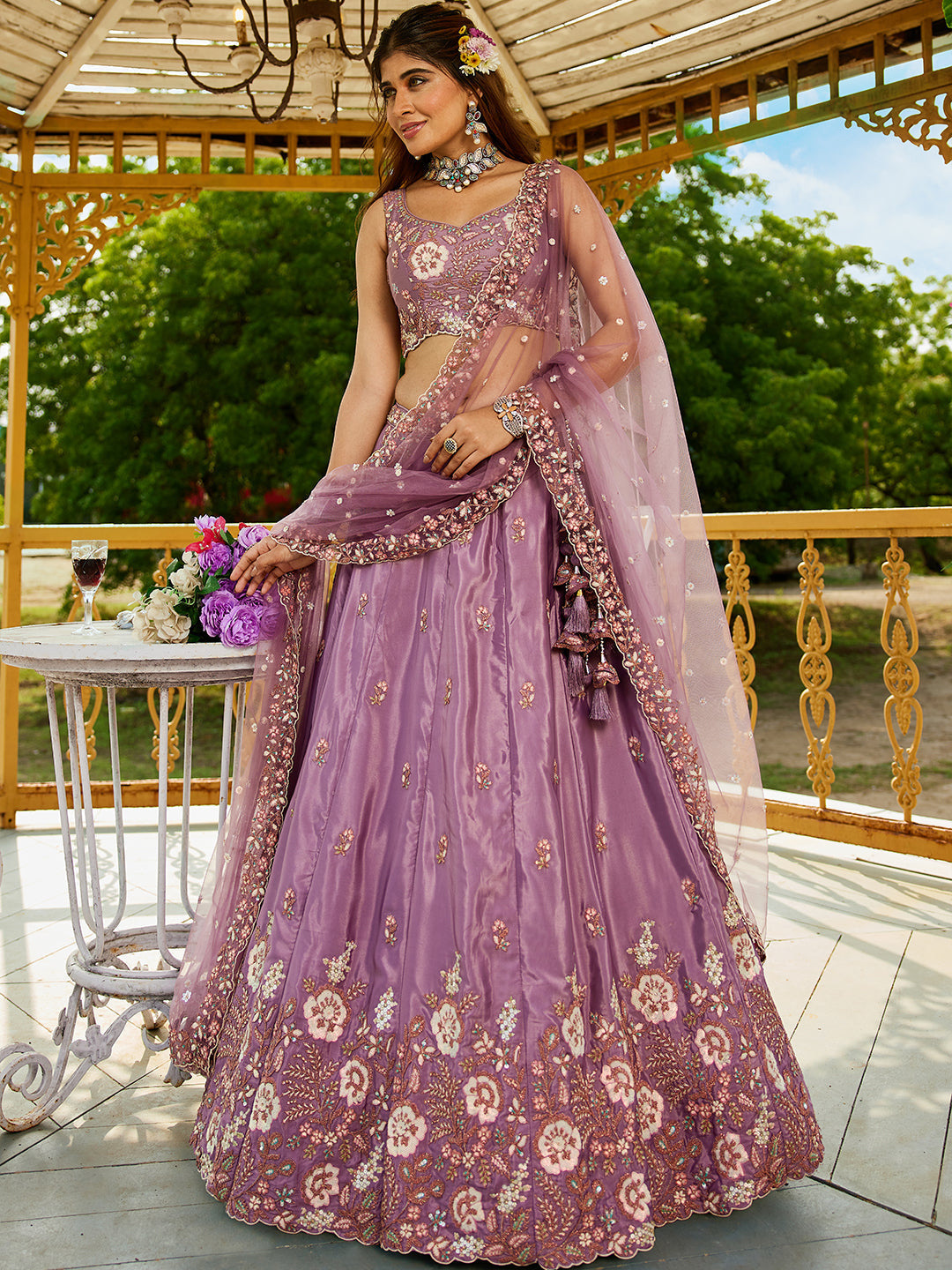 Rosegold - Satin Sequinse embroidery Semi-Stitched Lehenga choli & Dupatta - qivii