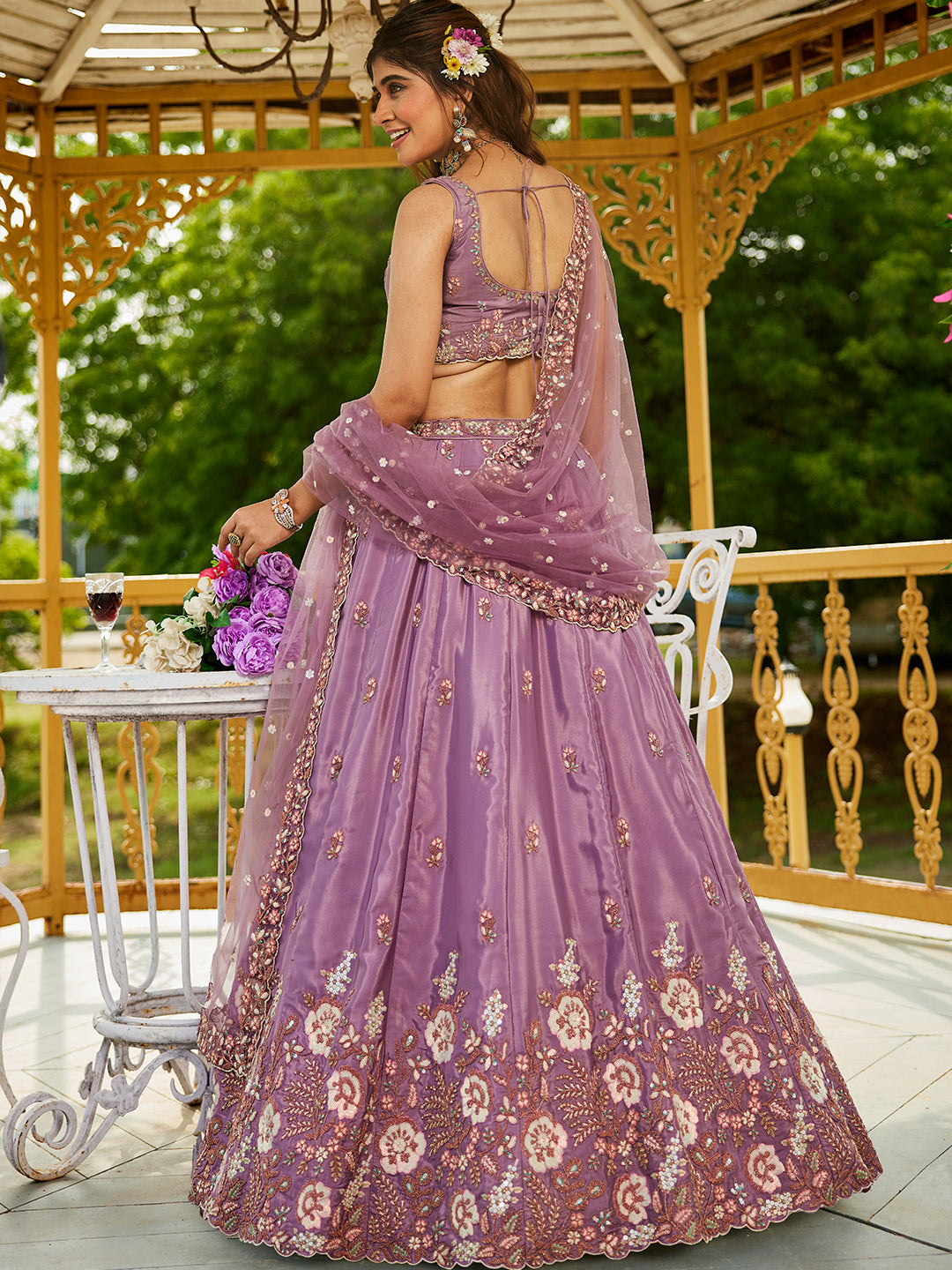 Rosegold - Satin Sequinse embroidery Semi-Stitched Lehenga choli & Dupatta - qivii