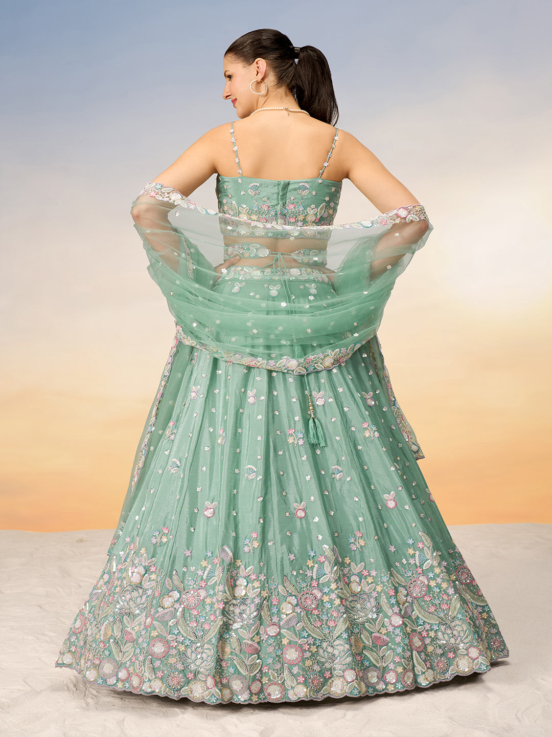 Seagreen - Multi Color Chiffon Embroidered using Sequins,Thread & Coding Semi-Stitched Lehenga choli - qivii
