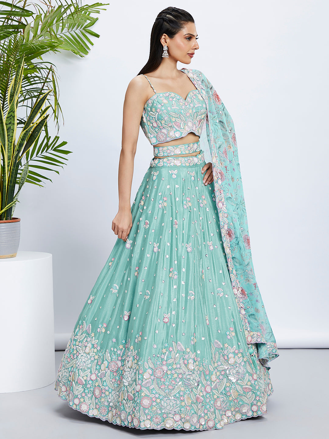 Seagreen - Multi Color Chiffon Embroidered using Sequins,Thread & Coding Semi-Stitched Lehenga choli - qivii