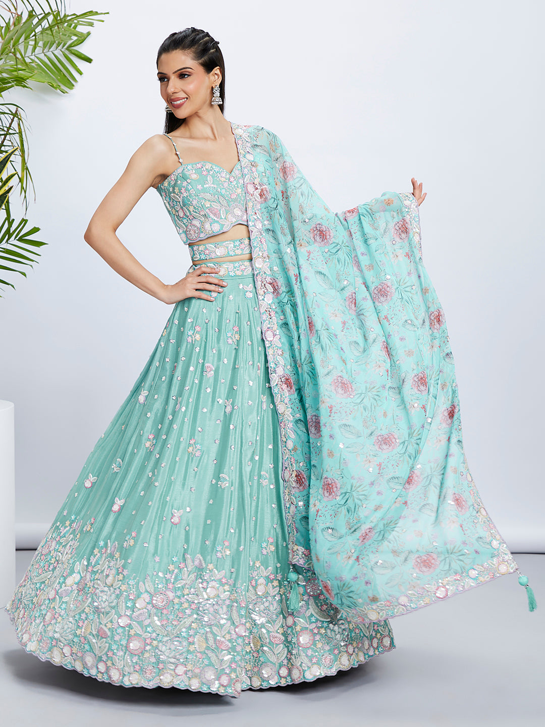 Seagreen - Multi Color Chiffon Embroidered using Sequins,Thread & Coding Semi-Stitched Lehenga choli - qivii