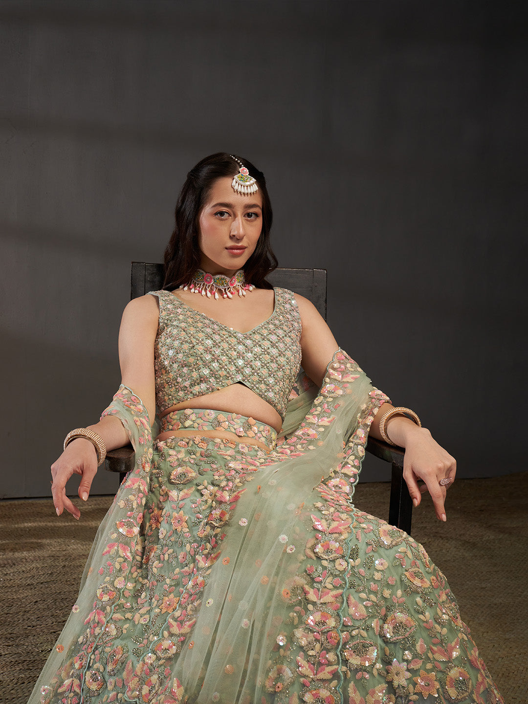 Seagreen - Multi Sequins Embroidered Net Semi-Stitched Bridal Lehenga choli - qivii