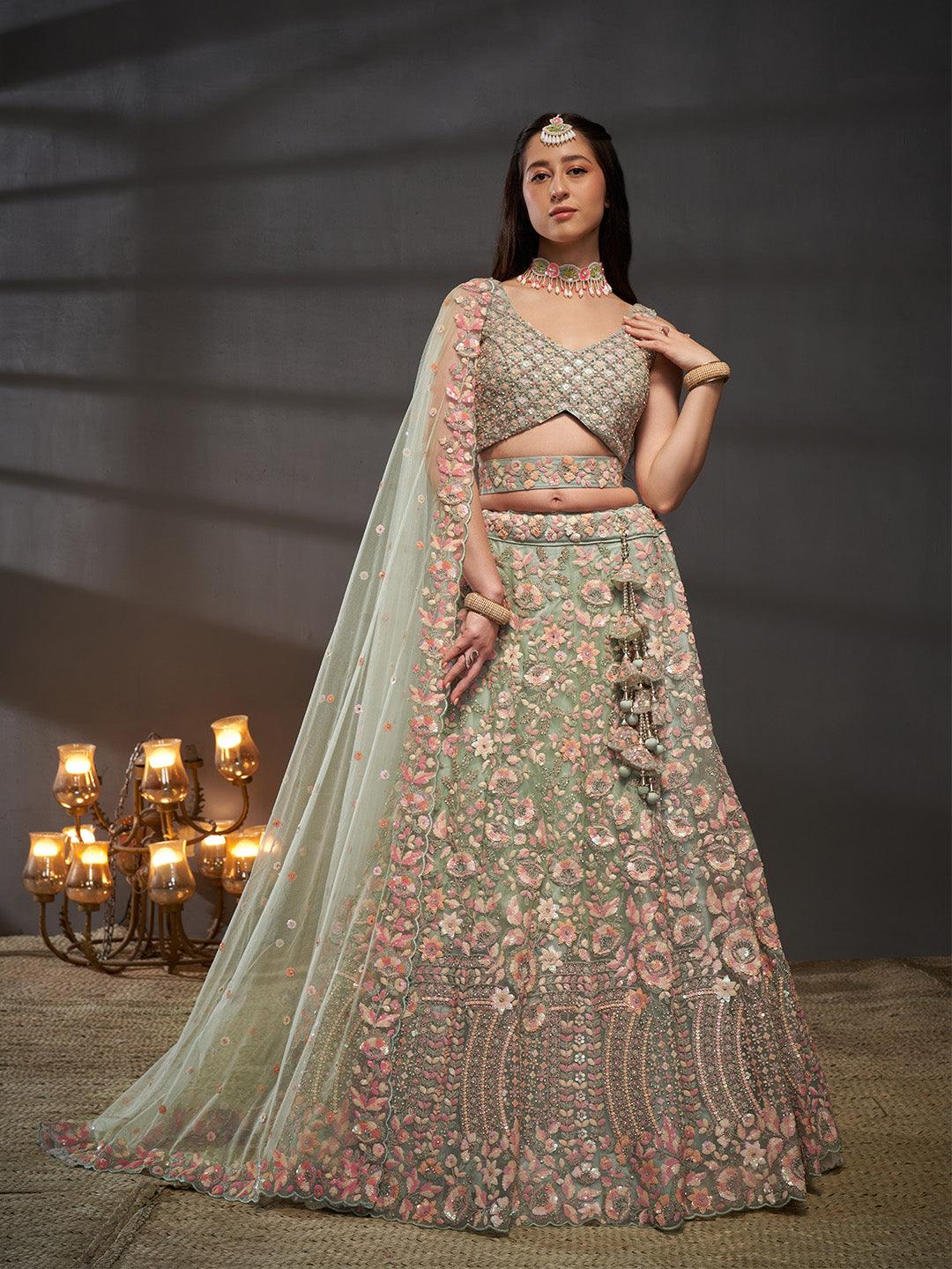 Seagreen - Multi Sequins Embroidered Net Semi-Stitched Bridal Lehenga choli - qivii