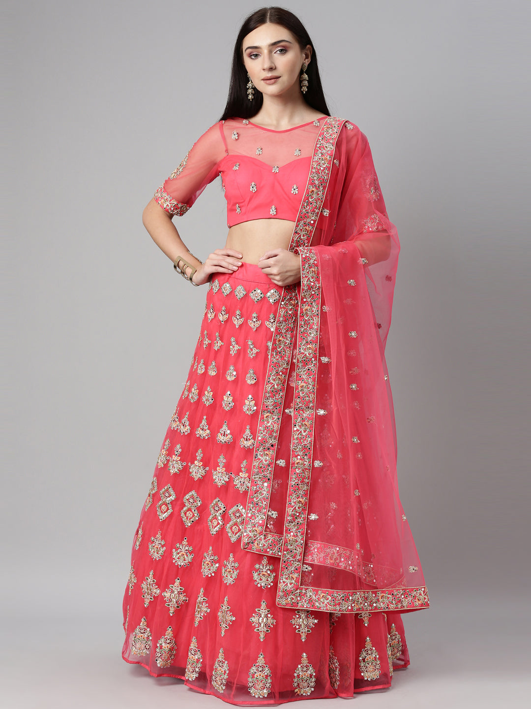 Teal Embroidered Net Semi-Stitched Lehenga Using Mirror - qivii
