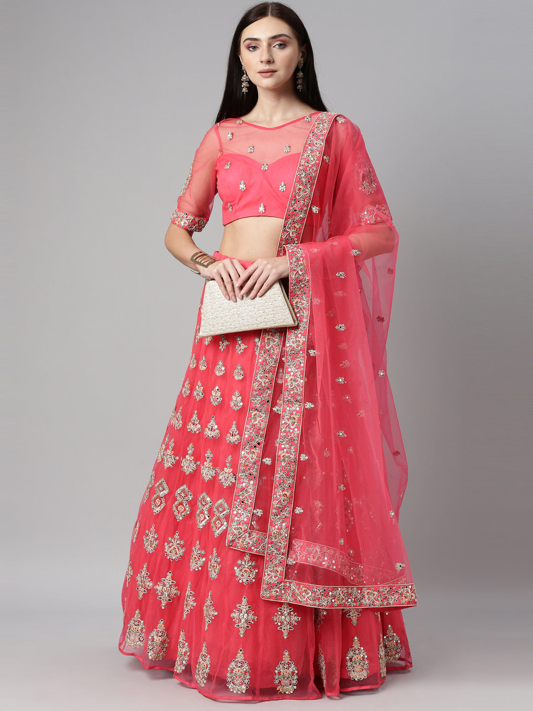 Teal Embroidered Net Semi-Stitched Lehenga Using Mirror - qivii
