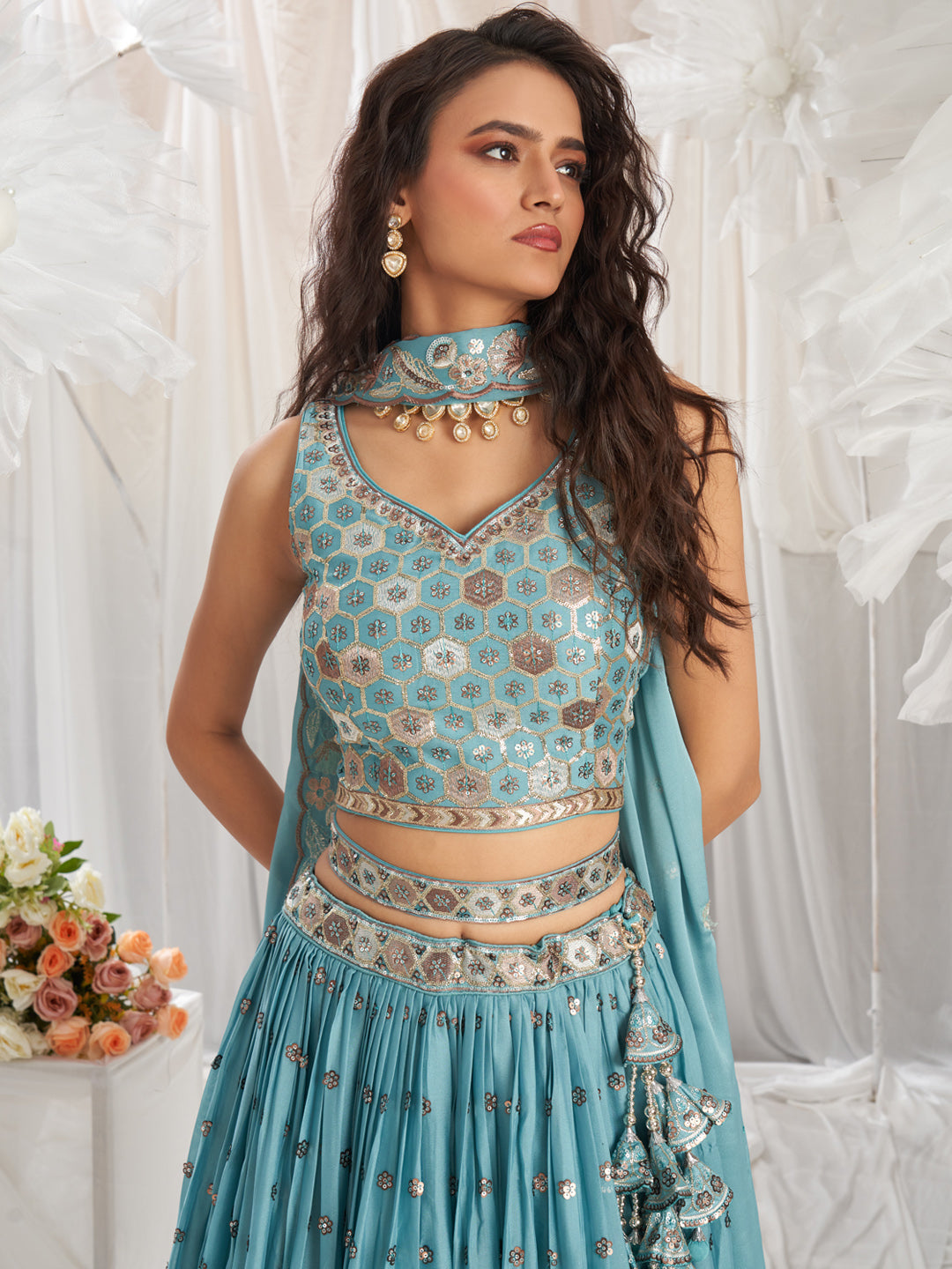 Turquoise Blue - Golden Dull-Bright Sequin,Golden-Sliver Threaded Embroidered Georgette Semi-Stitched Lehenga choli - qivii